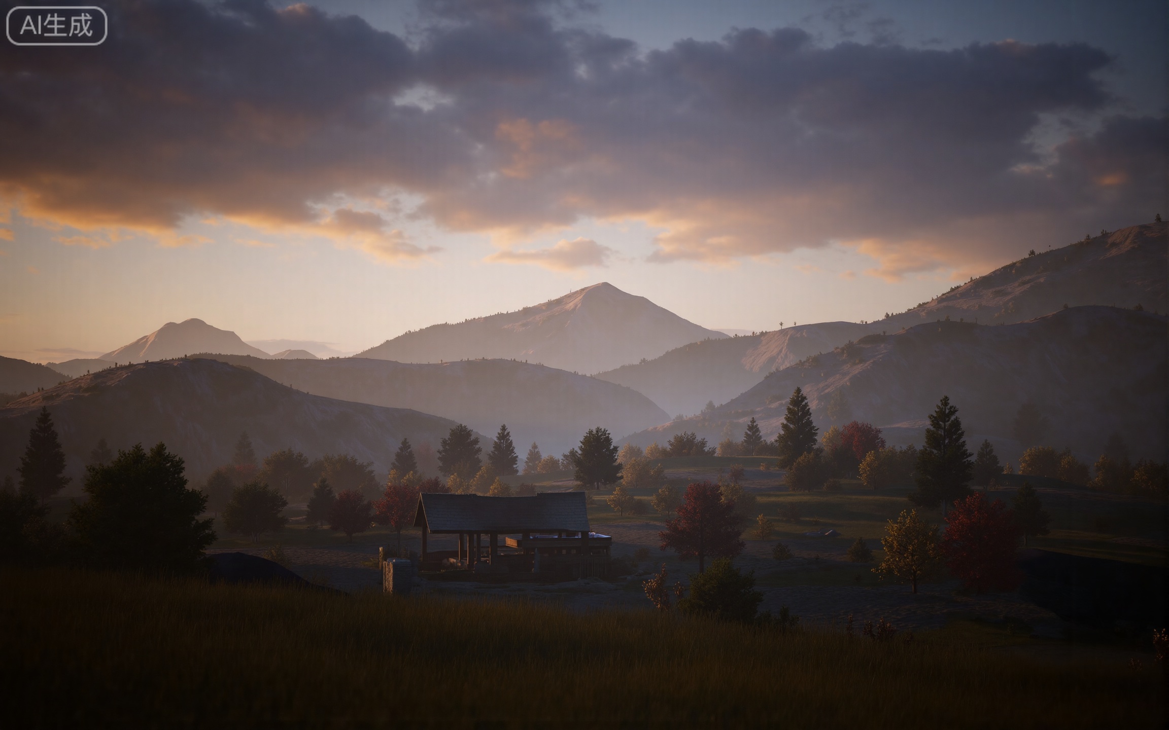 4K,best quality,high details,absurdres,masterpiece,
lvjing,
scenery, outdoors, no humans, tree, mountain, sky, cloud, grass, house, sunset, mountainous horizon, nature, building, landscape, evening, blurry, cloudy sky