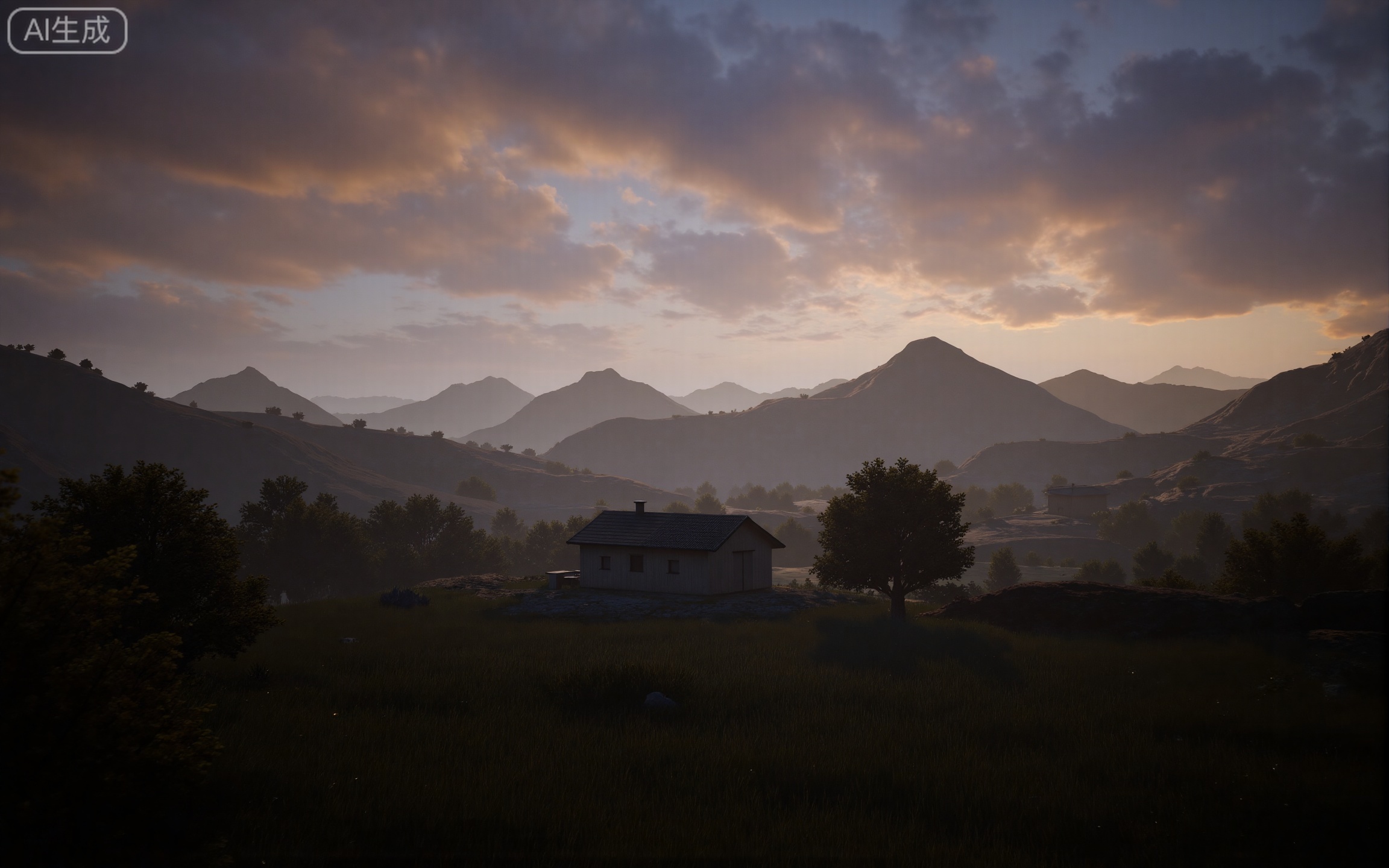 4K,best quality,high details,absurdres,masterpiece,
lvjing,
scenery, outdoors, no humans, tree, mountain, sky, cloud, grass, house, sunset, mountainous horizon, nature, building, landscape, evening, blurry, cloudy sky