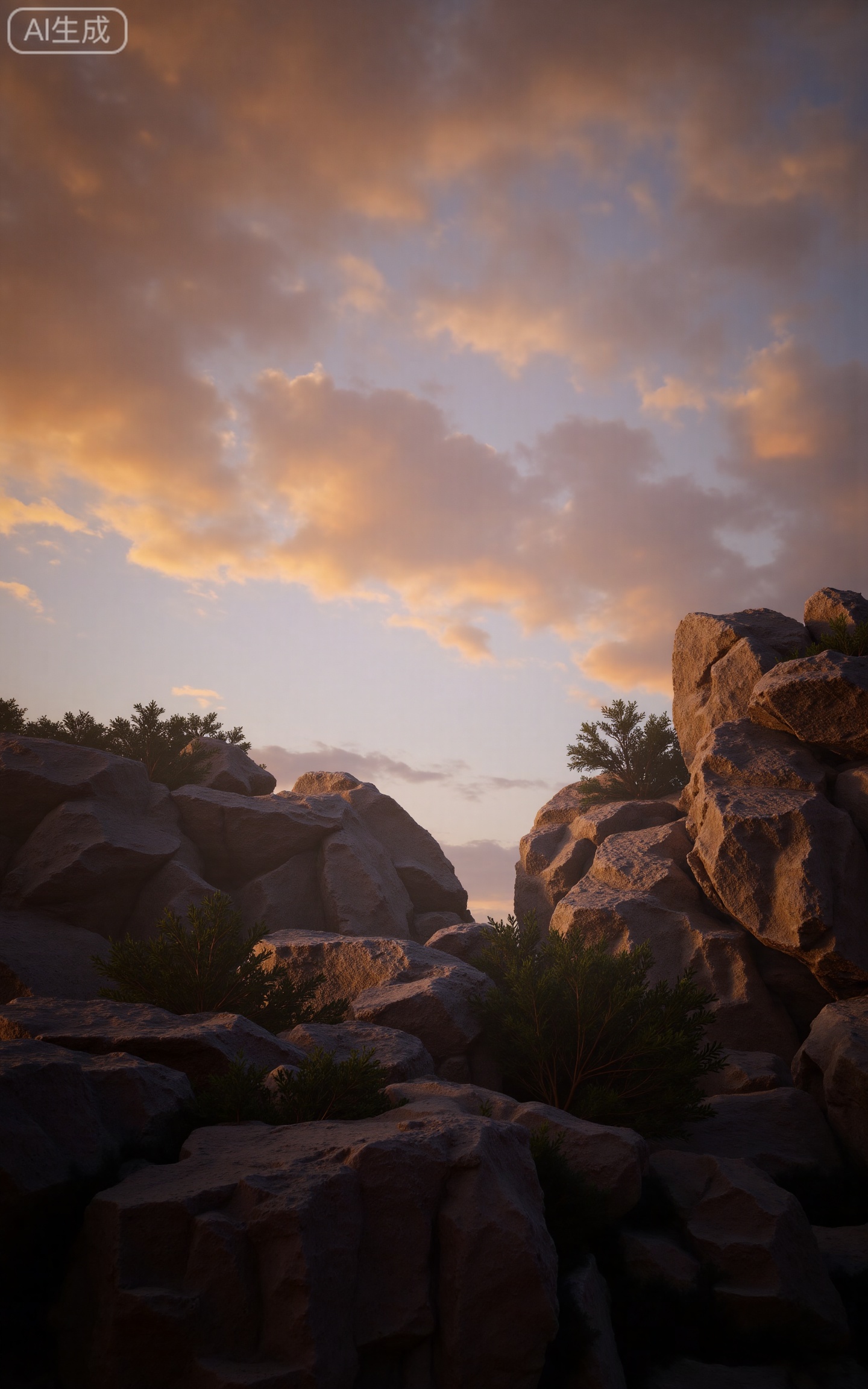 4K,best quality,high details,absurdres,masterpiece,
lvjing,
no humans, sky, scenery, outdoors, cloud, rock, cloudy sky, tree, sunset