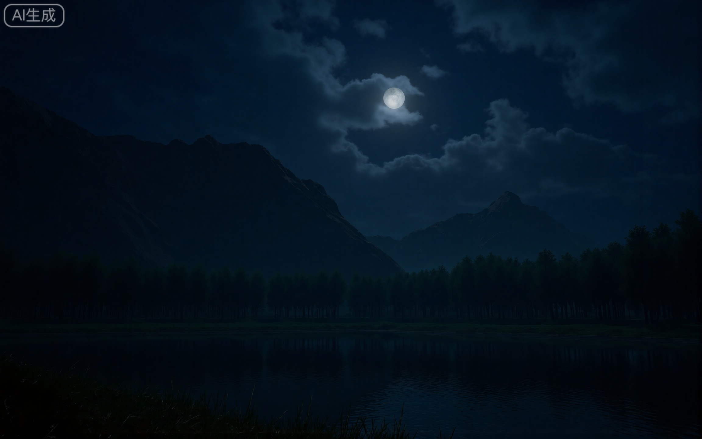 4K,best quality,high details,absurdres,masterpiece,
lvjing,
scenery, no humans, outdoors, moon, night, sky, tree, cloud, mountain, nature, full moon, lake, forest, water, night sky, cloudy sky, grass, moonlight, dark, landscape