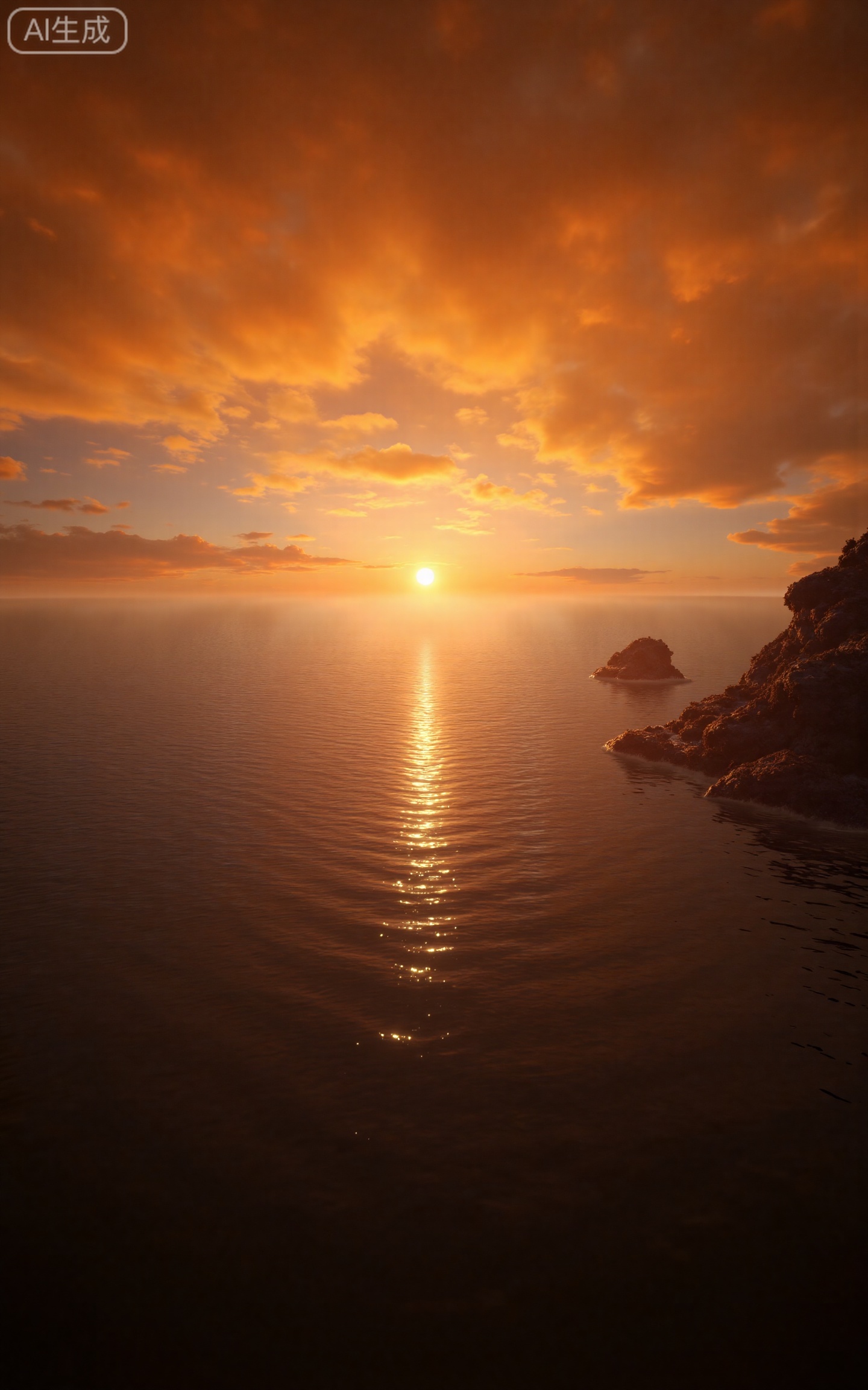 4K,best quality,high details,absurdres,masterpiece,
lvjing,
no humans, cloud, scenery, sky, outdoors, ocean, sunset, horizon, water, cloudy sky, sun, rock, reflection, orange sky,