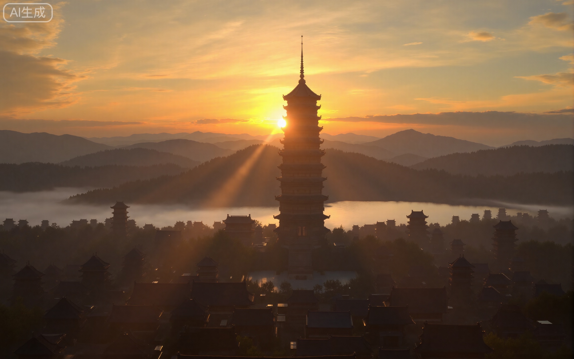 4K,best quality,high details,absurdres,masterpiece,
lvjing,
scenery, no humans, cloud, sky, outdoors, mountain, sunset, tower, sun, building, cityscape, city, landscape, architecture, mountainous horizon, castle, cloudy sky, pagoda, sunlight, sunrise