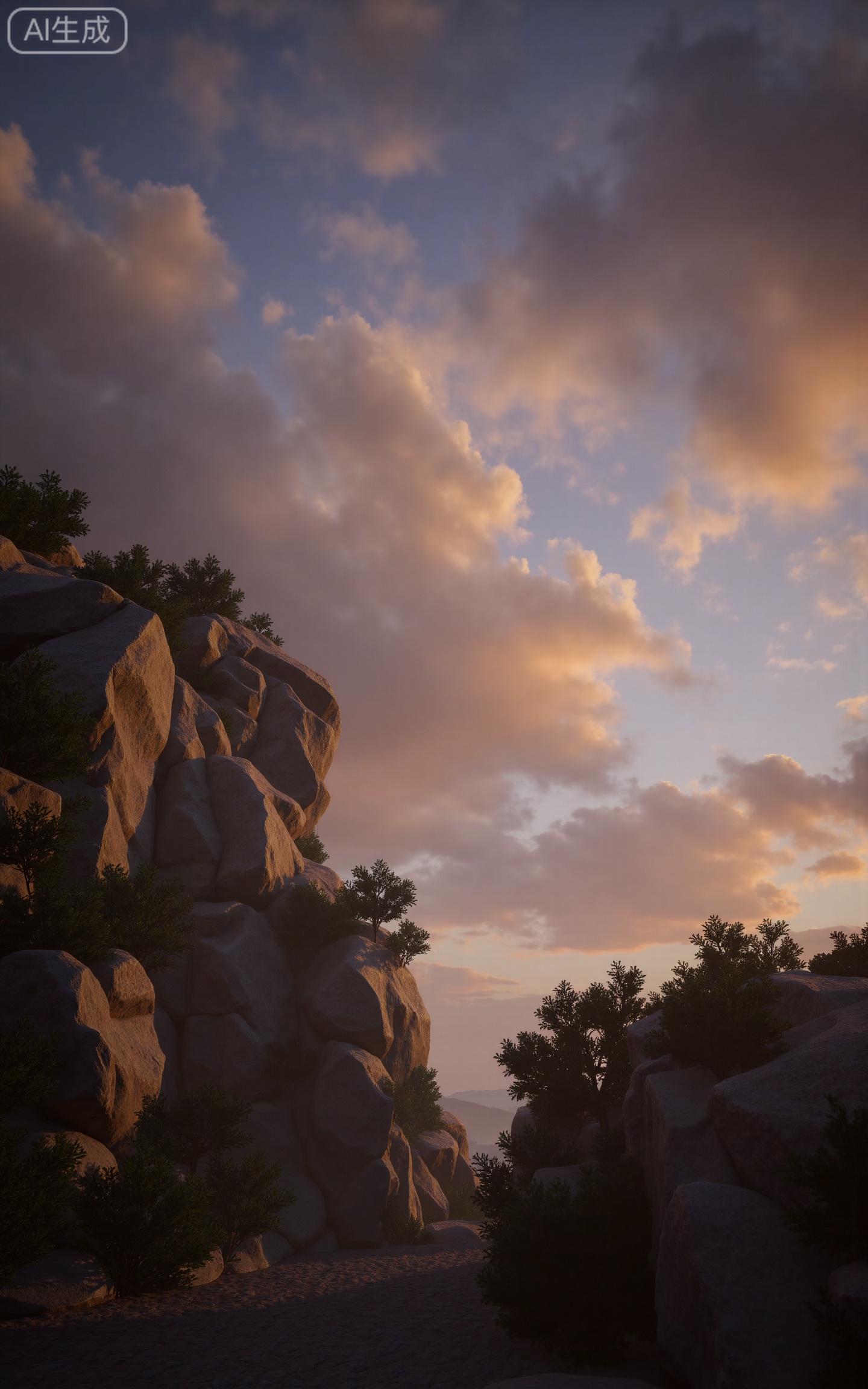 4K,best quality,high details,absurdres,masterpiece,
lvjing,
no humans, sky, scenery, outdoors, cloud, rock, cloudy sky, tree, sunset