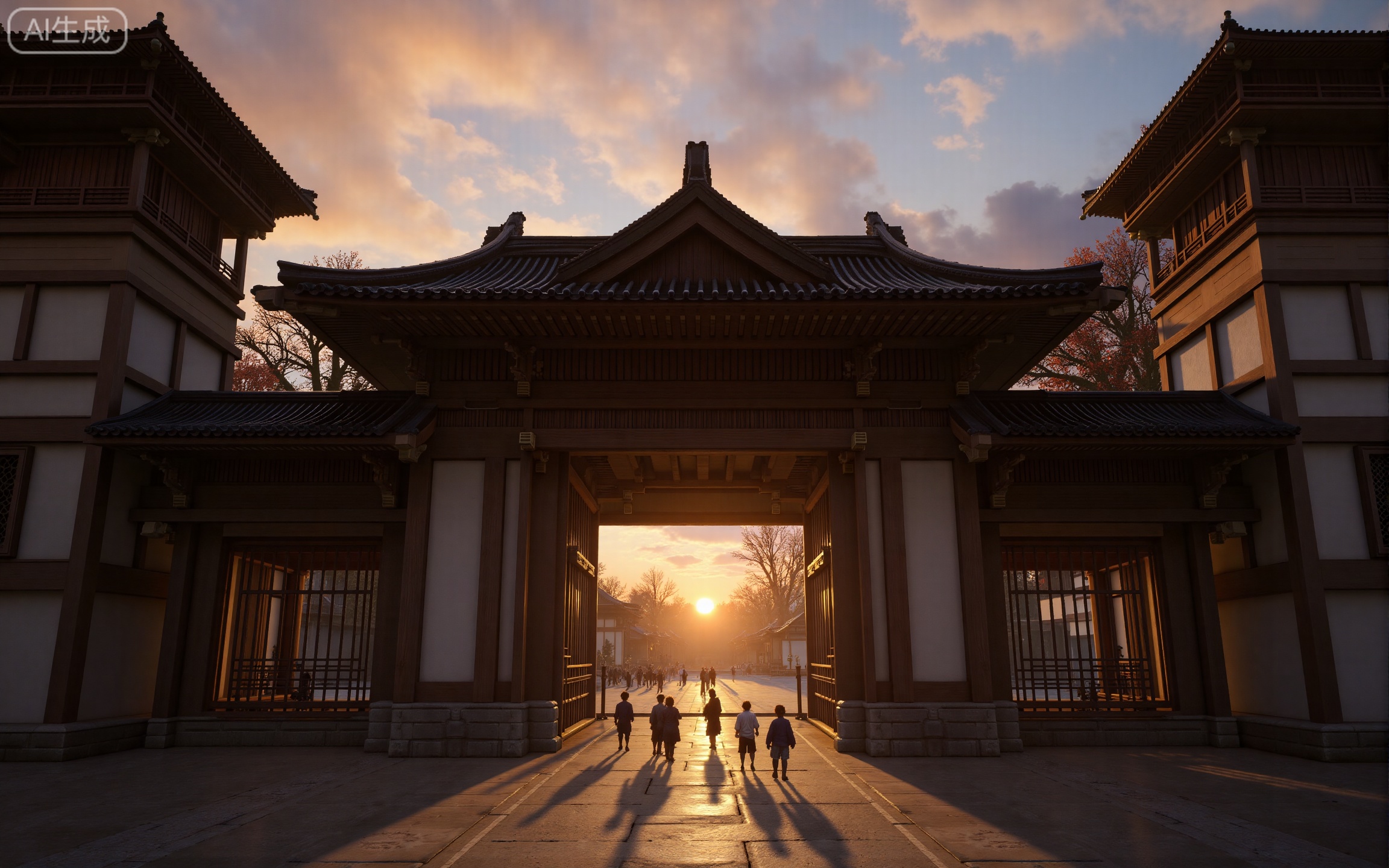 4K,best quality,high details,absurdres,masterpiece,
lvjing,
scenery, architecture, east asian architecture, outdoors, sky, cloud, tree, 6+boys, shrine, sunlight, building, sunset, japanese clothes, multiple boys, sun, house, sunrise, day