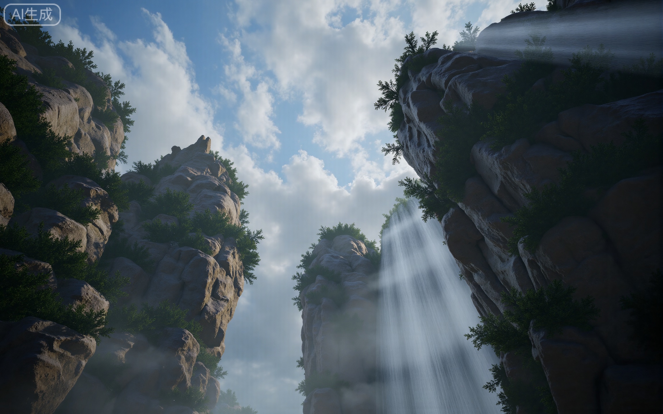 4K,best quality,high details,absurdres,masterpiece,
lvjing,
no humans, scenery, waterfall, outdoors, sky, cloud, tree, water, mountain, cliff, nature