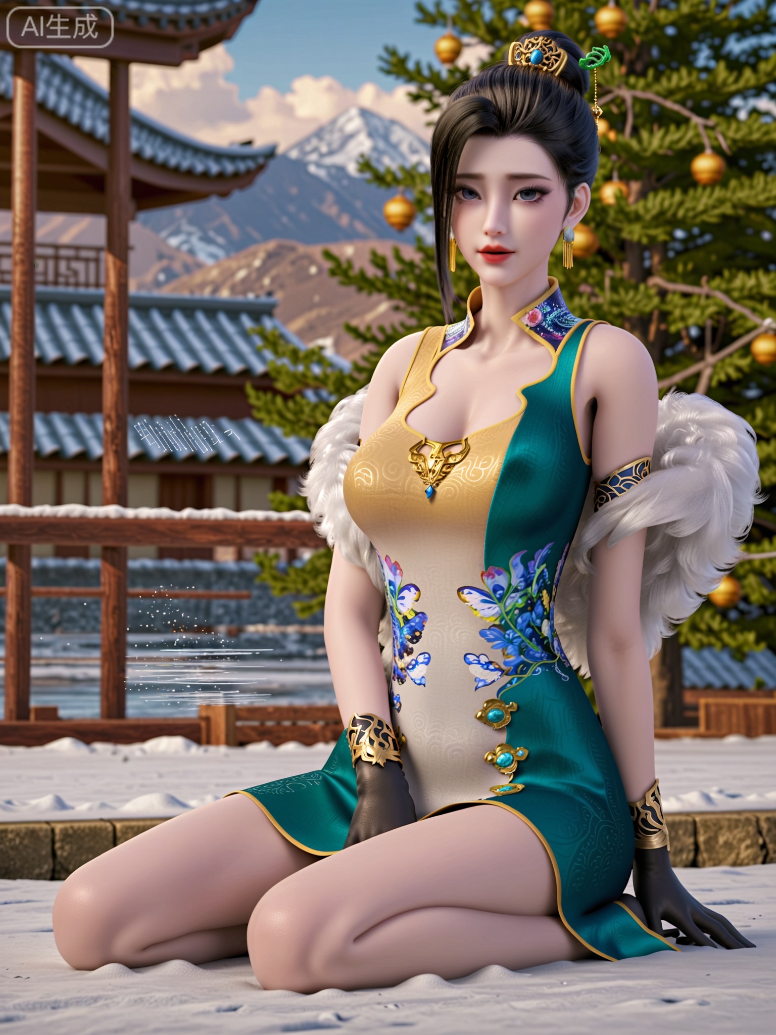 score_9,score_8_up,score_7_up,masterpiece,(best quality),(intricate details:0.9) BREAK (intricate details:0.9),(realistic skin:1.2),masterpiece,best quality,newest,absurdres,hiahres,1girl,jewelry,hair ornament,dress,necklace,lips,eyeshadow,bracelet,tassel,(8k ultra-clear, pony style),photo pose 0.6, micro-expression: soft smile 0.3, half-body + medium shot 0.7,1girl,looking_at_viewer,1boy,hair,realistic,photorealistic,Vivid Colors,bright environment,shiny skin,shiny hairjewelry,detail eyes,Eyes highlights,glowing,sunshine,bright,reflection,bright,sunshine on face,shiny,shinny,petite,thin,leg slimming,lose weight,slim hips,lakeside,delicate water,reflection,(full body:1.3)sitting_down,eyelashes,snow,Winter,Snowy landscape,Snow accumulation,Christmas tree,(huge breasts:1),black hair,china dress,black gloves,