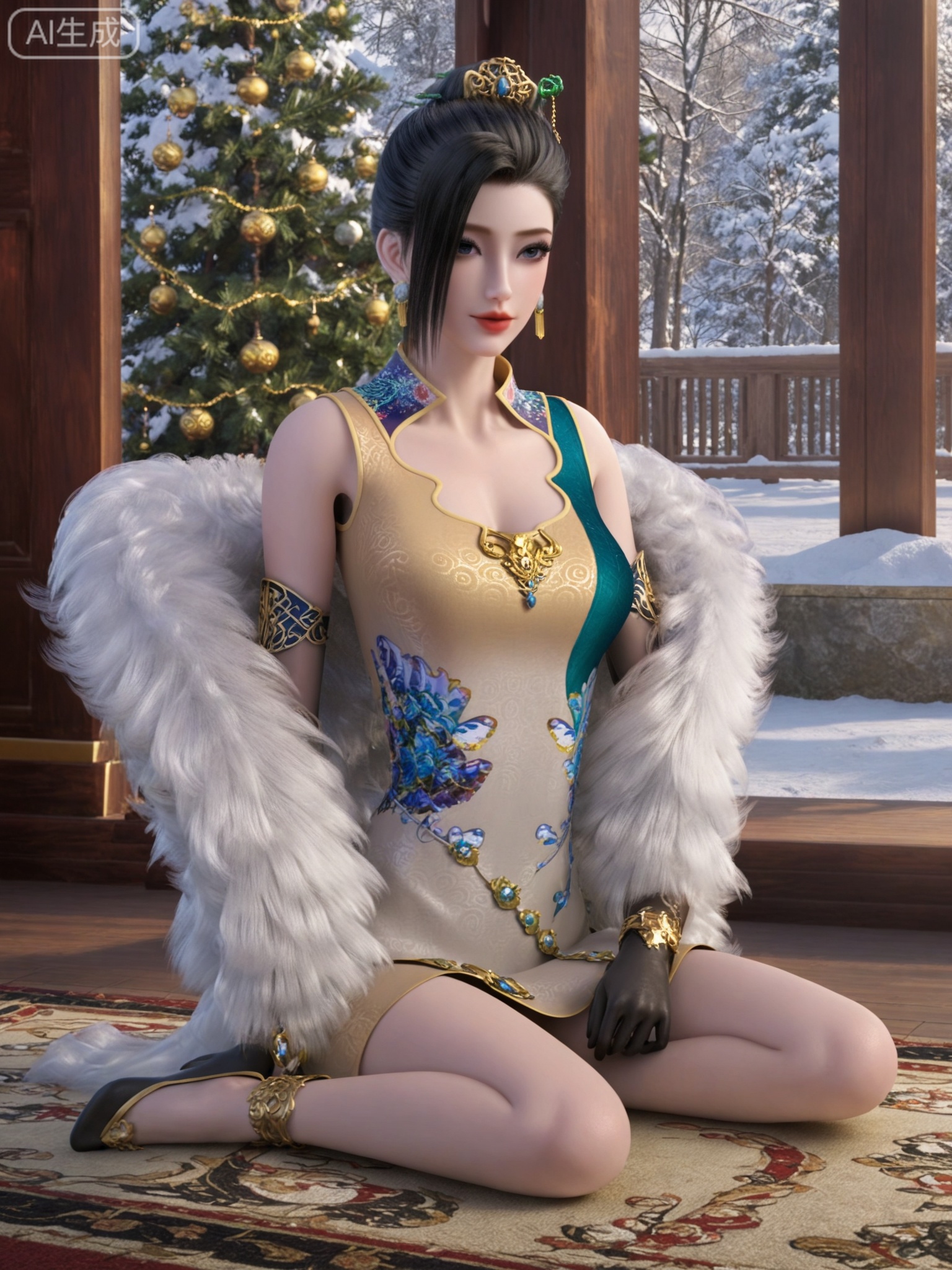 score_9,score_8_up,score_7_up,masterpiece,(best quality),(intricate details:0.9) BREAK (intricate details:0.9),(realistic skin:1.2),masterpiece,best quality,newest,absurdres,hiahres,1girl,jewelry,hair ornament,dress,necklace,lips,eyeshadow,bracelet,tassel,(8k ultra-clear, pony style),photo pose 0.6, micro-expression: soft smile 0.3, half-body + medium shot 0.7,1girl,looking_at_viewer,1boy,hair,realistic,photorealistic,Vivid Colors,bright environment,shiny skin,shiny hairjewelry,detail eyes,Eyes highlights,glowing,sunshine,bright,reflection,bright,sunshine on face,shiny,shinny,petite,thin,leg slimming,lose weight,slim hips,lakeside,delicate water,reflection,(full body:1.3)sitting_down,eyelashes,snow,Winter,Snowy landscape,Snow accumulation,Christmas tree,(huge breasts:1),black hair,china dress,black gloves,