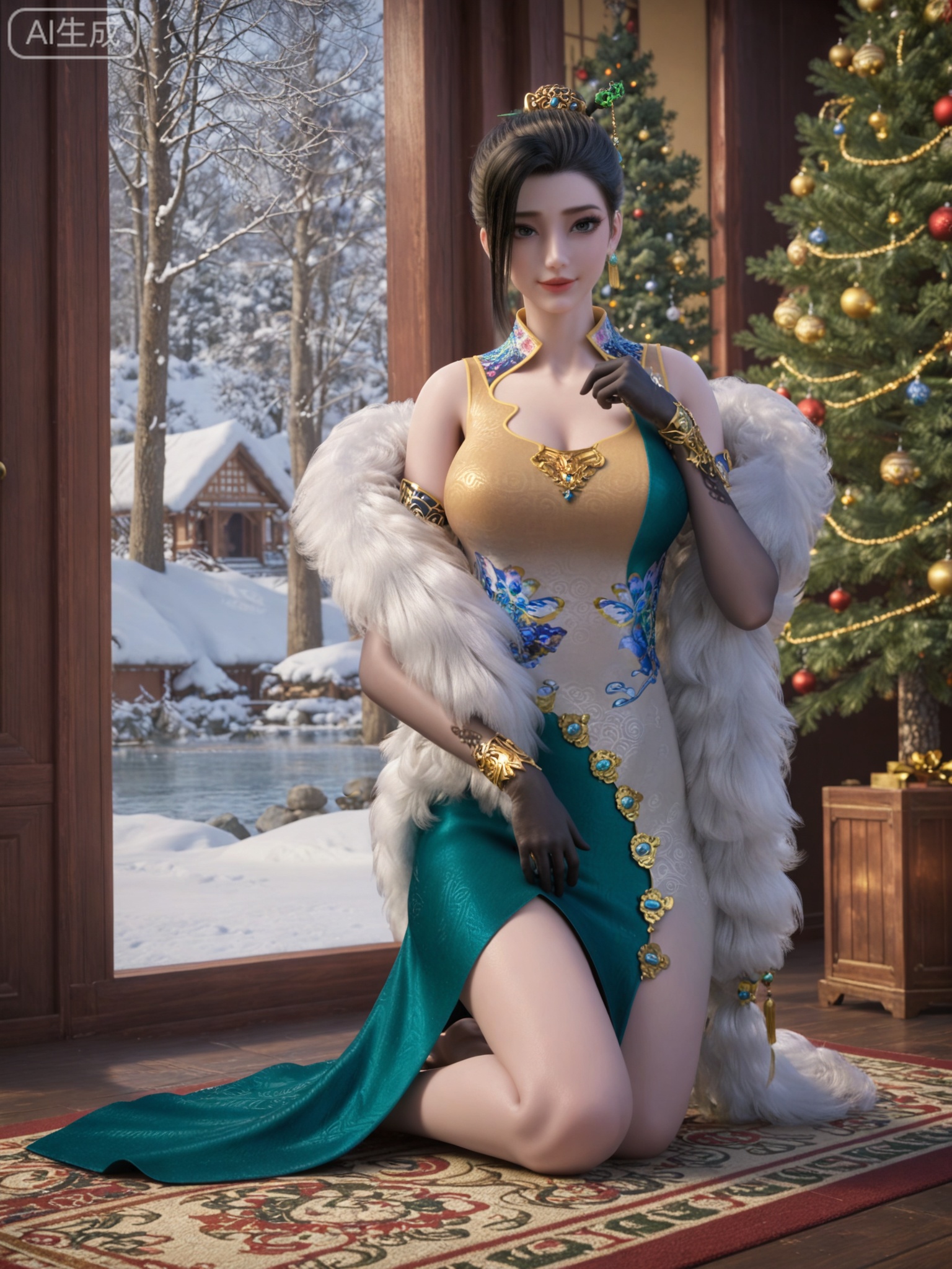 score_9,score_8_up,score_7_up,masterpiece,(best quality),(intricate details:0.9) BREAK (intricate details:0.9),(realistic skin:1.2),masterpiece,best quality,newest,absurdres,hiahres,1girl,jewelry,hair ornament,dress,necklace,lips,eyeshadow,bracelet,tassel,(8k ultra-clear, pony style),photo pose 0.6, micro-expression: soft smile 0.3, half-body + medium shot 0.7,1girl,looking_at_viewer,1boy,hair,realistic,photorealistic,Vivid Colors,bright environment,shiny skin,shiny hairjewelry,detail eyes,Eyes highlights,glowing,sunshine,bright,reflection,bright,sunshine on face,shiny,shinny,petite,thin,leg slimming,lose weight,slim hips,lakeside,delicate water,reflection,(full body:1.3)sitting_down,eyelashes,snow,Winter,Snowy landscape,Snow accumulation,Christmas tree,(huge breasts:1),black hair,china dress,black gloves,