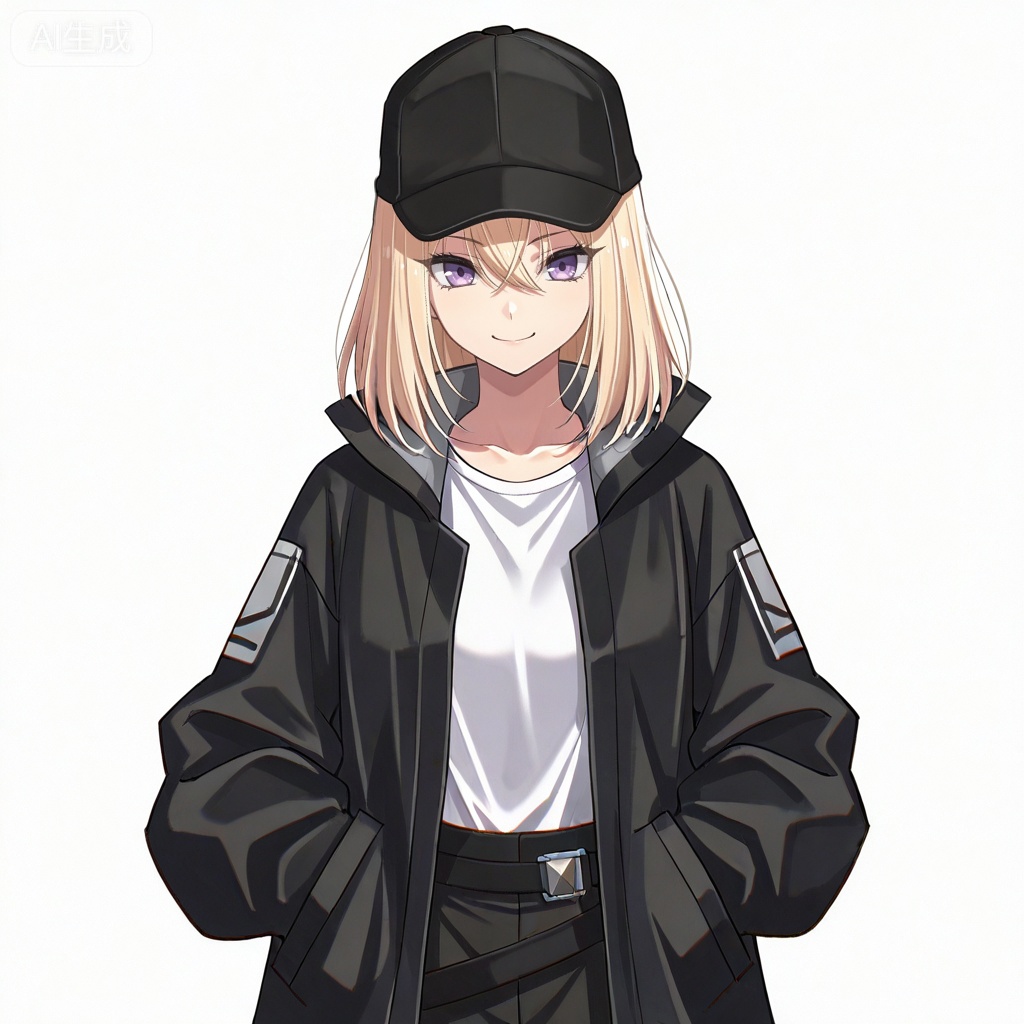 masterpiece, best quality,solo,white background,simple_background,Misumi Uika,cybersaki_style,blonde hair bangs,purple eyes,smile,medium hair,hair between eyes,white shirt,baseball cap,black coat,open coat,open clothes,jacket