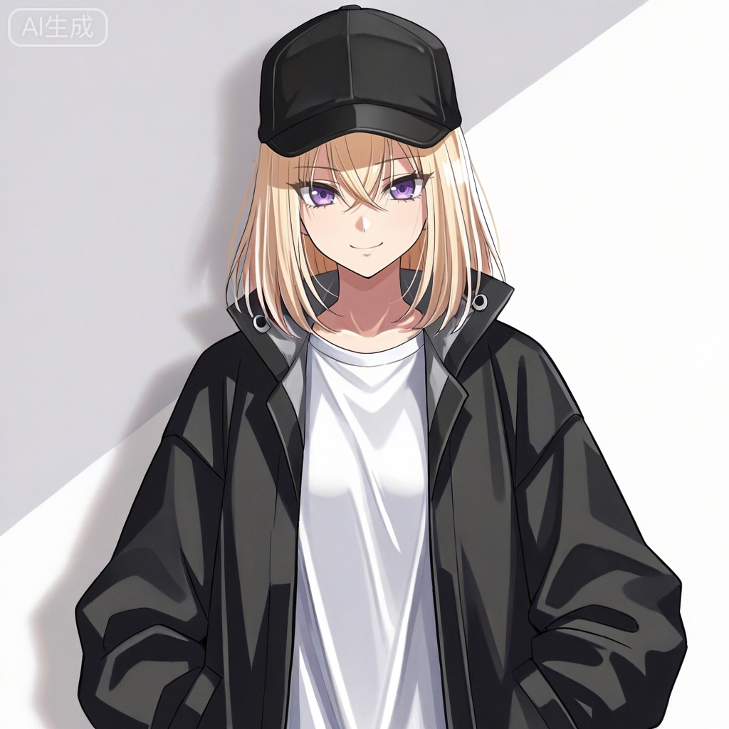 masterpiece, best quality,solo,white background,simple_background,Misumi Uika,cybersaki_style,blonde hair bangs,purple eyes,smile,medium hair,hair between eyes,white shirt,baseball cap,black coat,open coat,open clothes,jacket