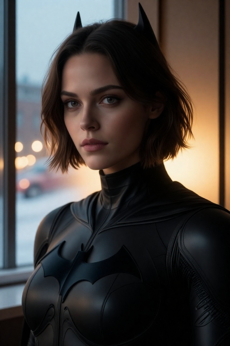 A modern cinematic close-up portrait of a woman wearing a sleek Batman suit without the mask,  the matte-black armored tex...