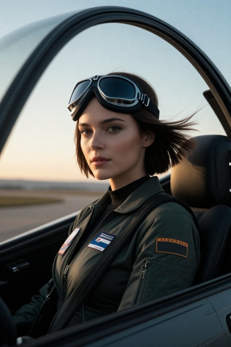 A cinematic portrait of a confident woman seated inside a fighter jet cockpit,  framed from the upper body upward. She wea...