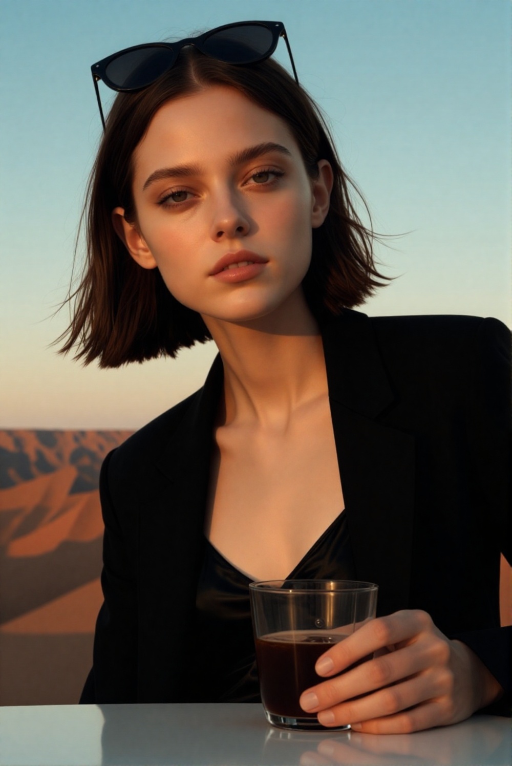 desert cliff sky-terrace café at golden hour,  chic 20yo woman,  slender oval face on Tensor.Art