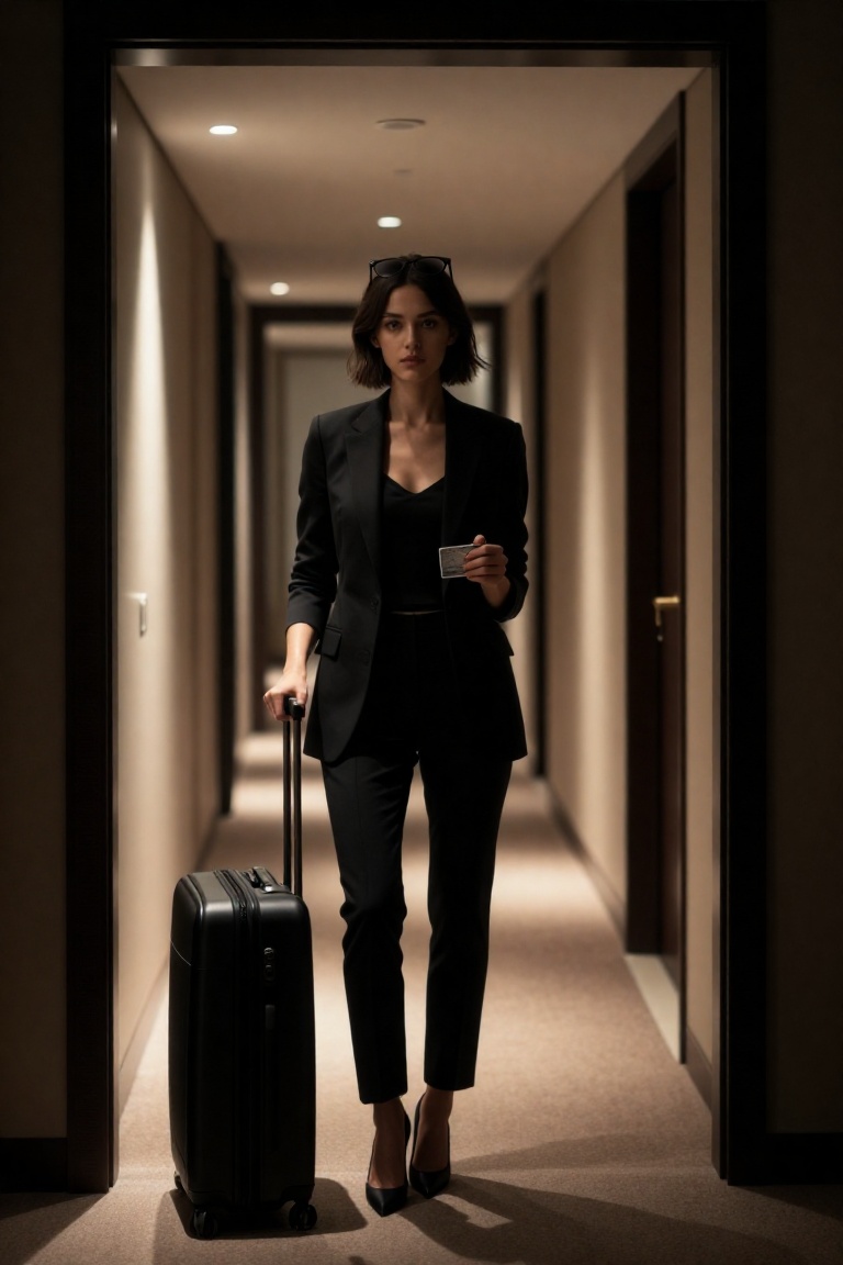 A full-body cinematic fashion portrait of a young woman standing in a long,  elegant hotel corridor,  framed head to toe....