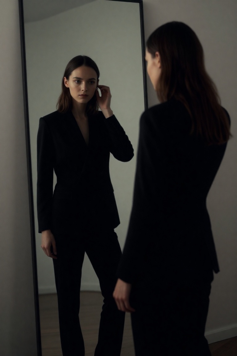 A quiet cinematic fashion portrait of a young woman standing in front of a tall mirror in a softly lit interior. Framed fr...