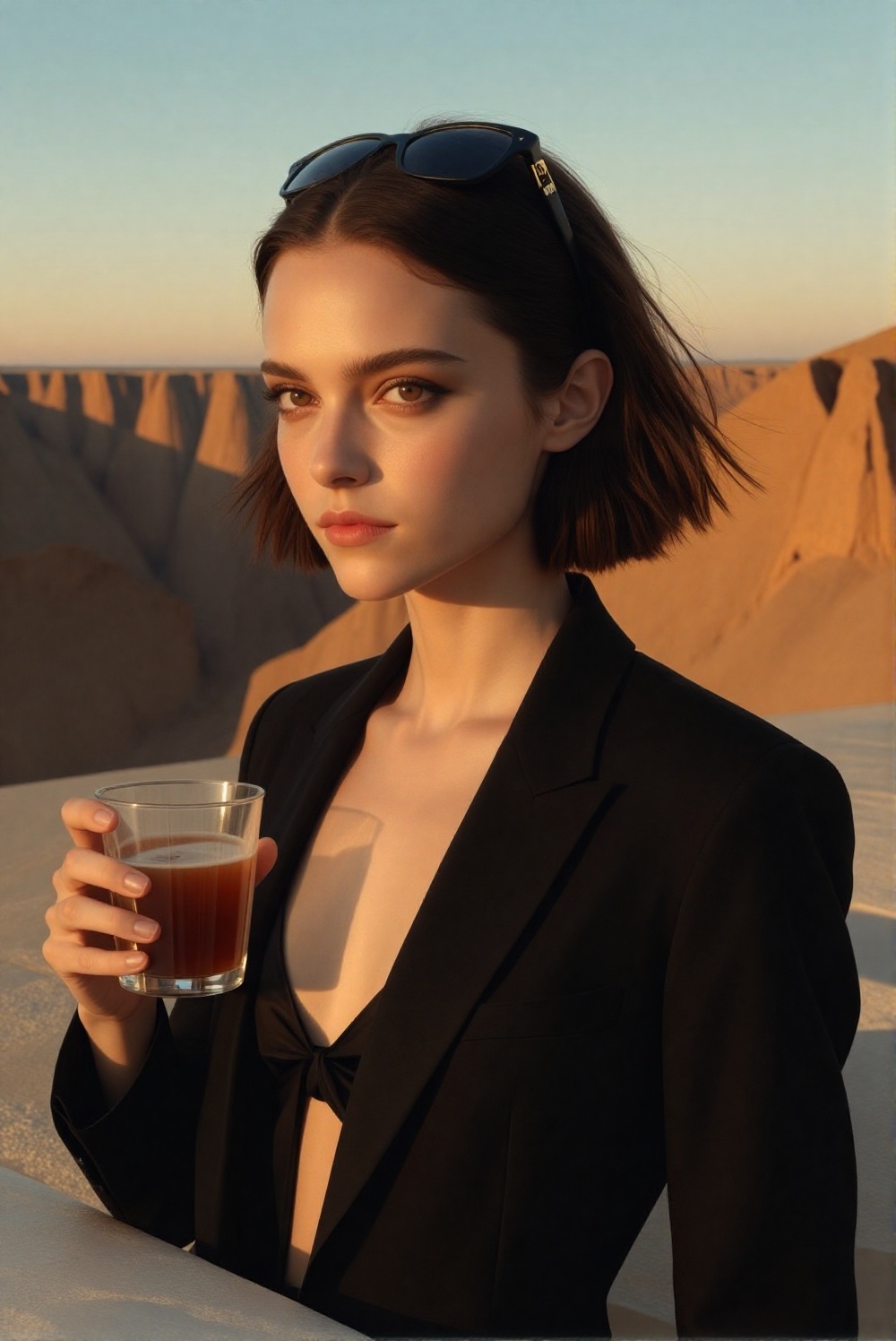 desert cliff sky-terrace café at golden hour,  chic 20yo woman,  slender oval face on Tensor.Art