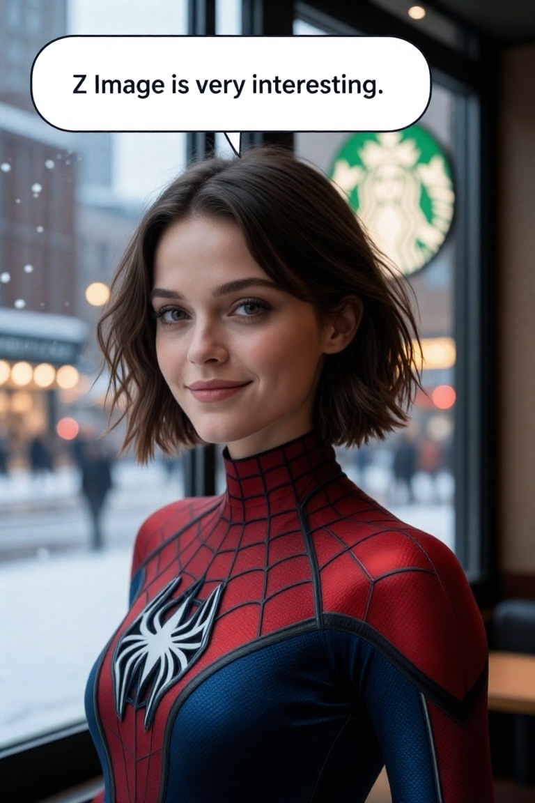 A modern cinematic close-up portrait of a woman wearing a sleek Spider-Man suit that rises up to her neck,  while her face...