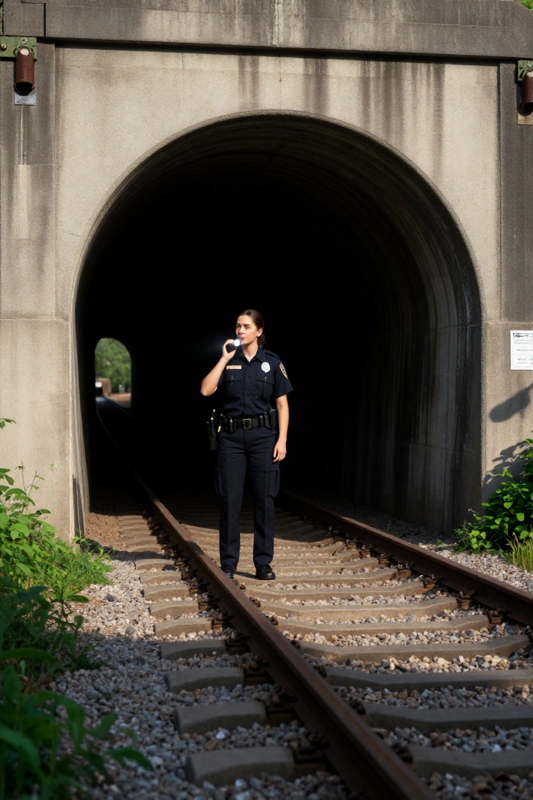A young New York police officer standing just outside a railway tunnel entrance,  cautiously illuminating the dark interio...