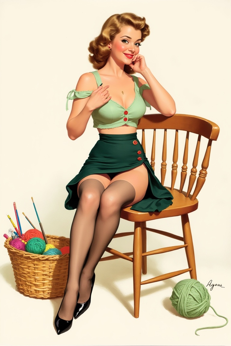 Create an image depicting a vintage-style illustration of a woman sitting on a wooden chair. She wears a light green cropp...