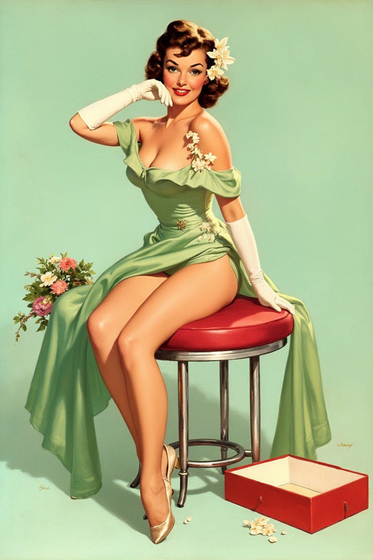 Create an image depicting a woman seated on a round,  red cushioned stool. She is dressed in a luxurious,  satin-like gown...