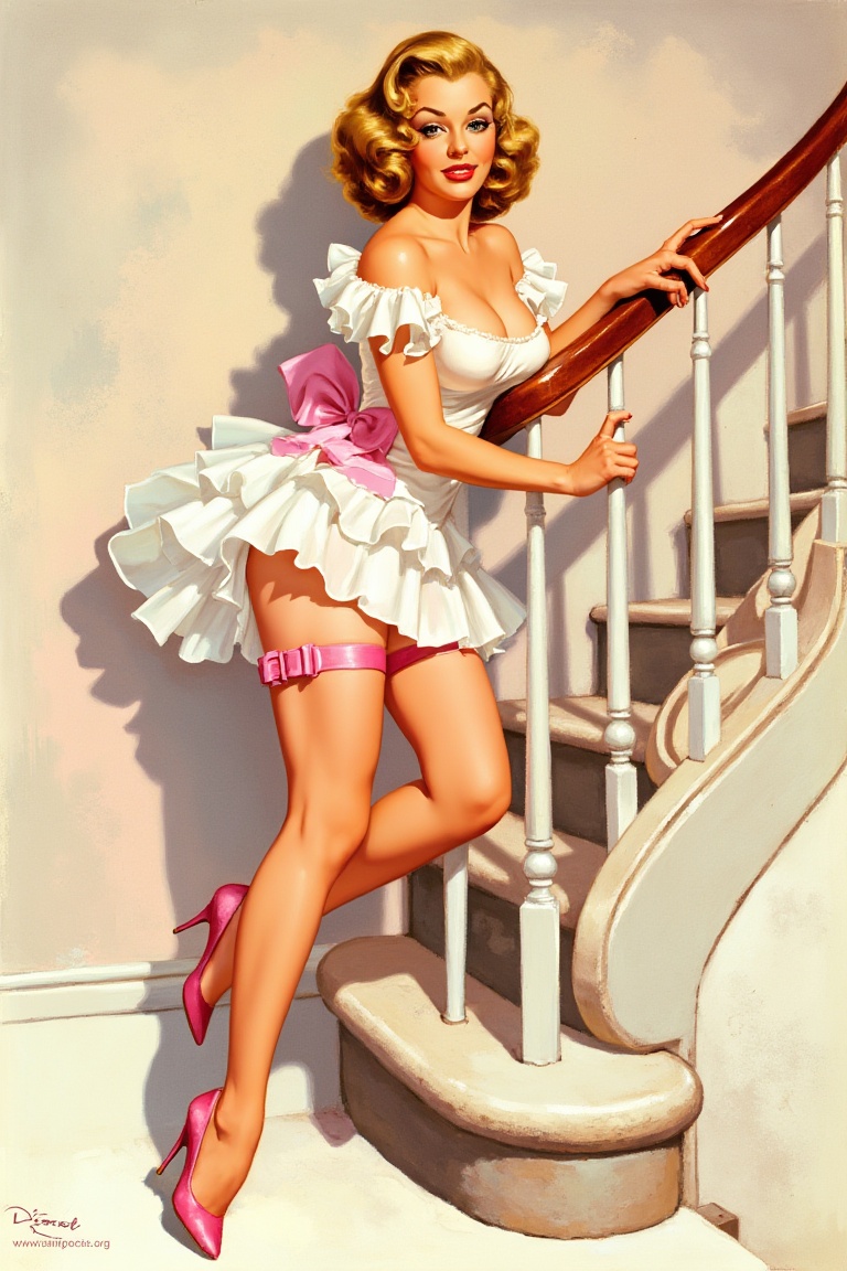 Create an image depicting a woman dressed in a white dress adorned with ruffles and a bow,  leaning provocatively against...