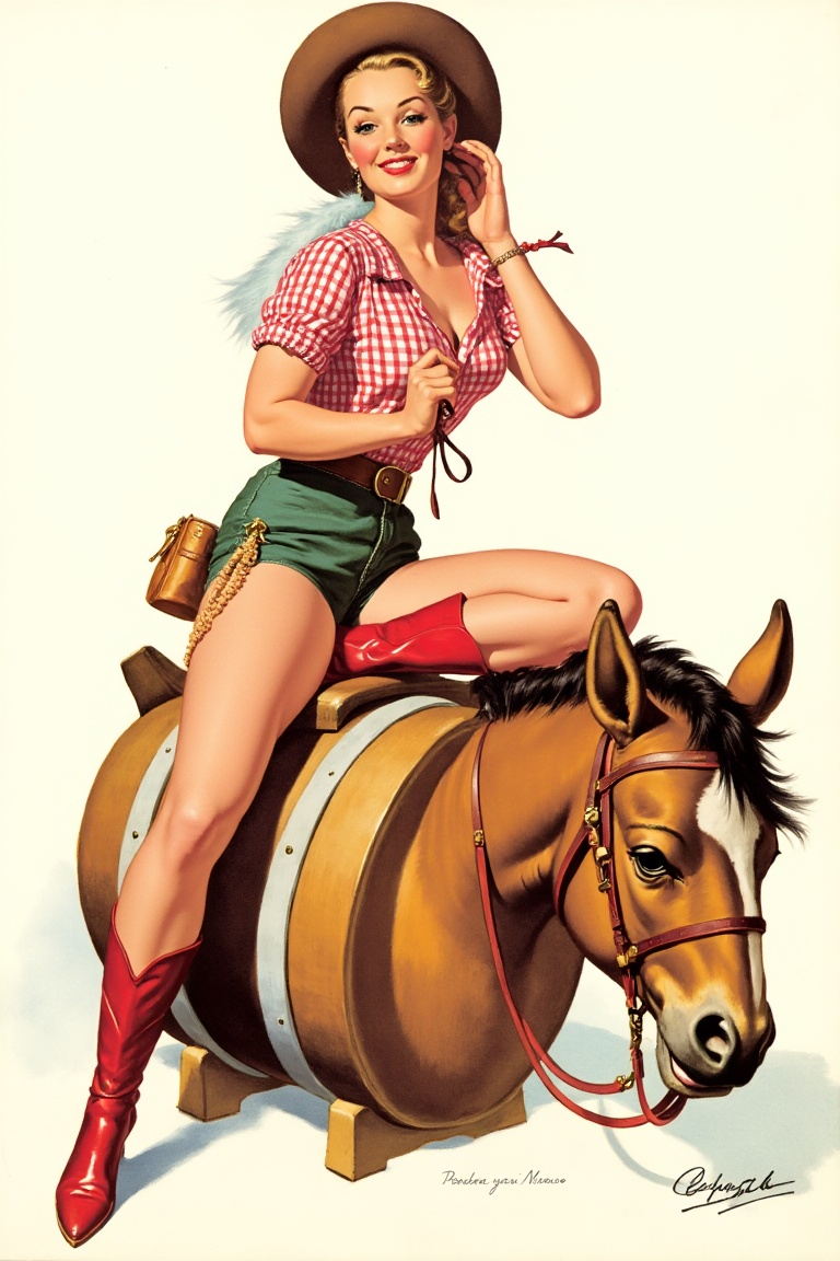 The image depicts a vintage-style illustration of a woman dressed in a cowgirl outfit. She is wearing a red and white chec...
