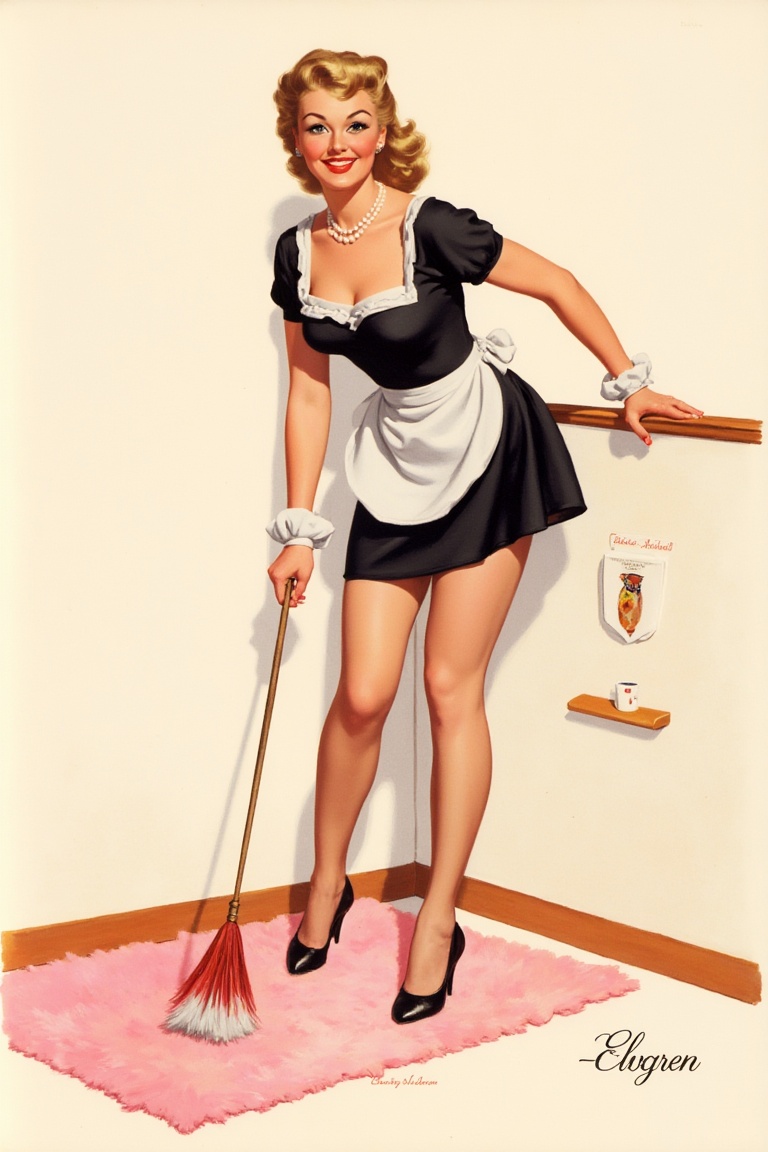 Create an image that captures a vintage pin-up style illustration of a woman dressed as a maid. She is leaning forward,  h...