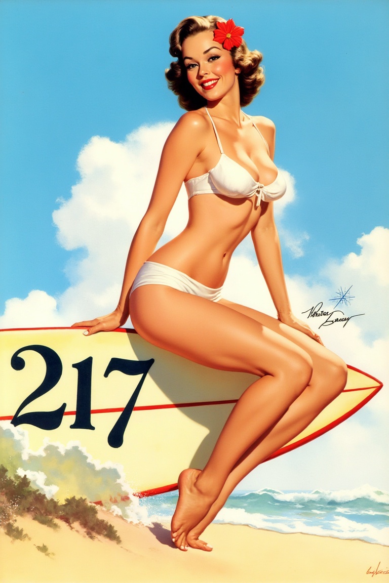 Create an image that captures a classic pin-up style illustration featuring a woman in a white bikini,  sitting confidentl...