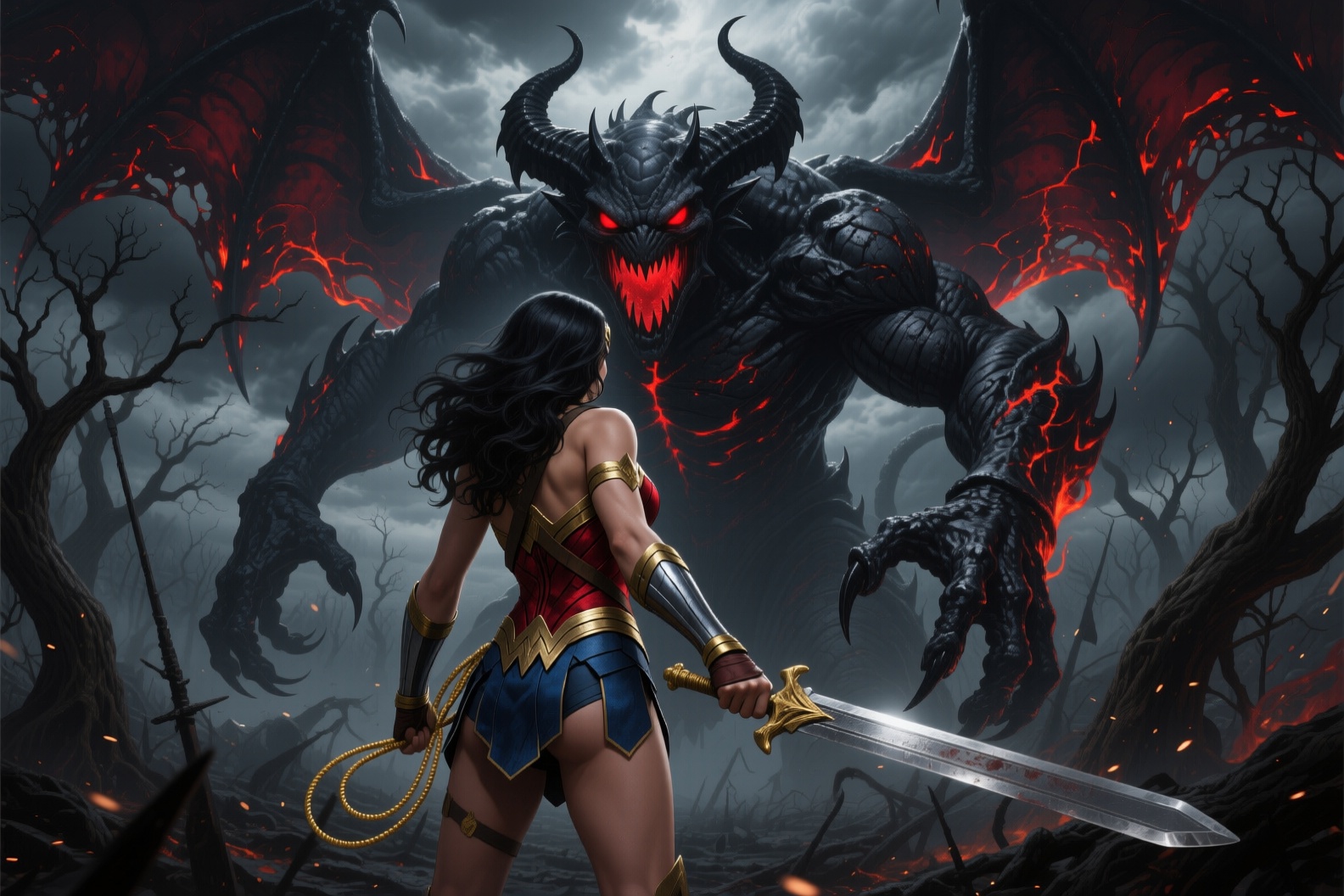 Freeze the moment as Wonder Woman stands defiantly with her back to the viewer,  facing the towering,  menacing demon on T...