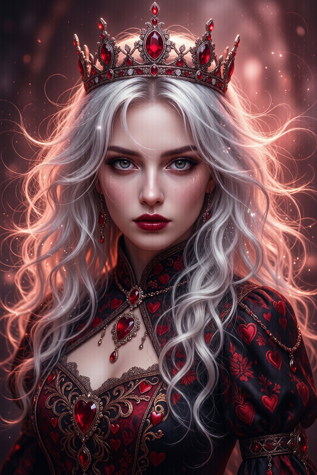 Dt@1lr,  A highly detailed image of a stunning woman with a red gemstone crown,  flowing white curls on Tensor.Art