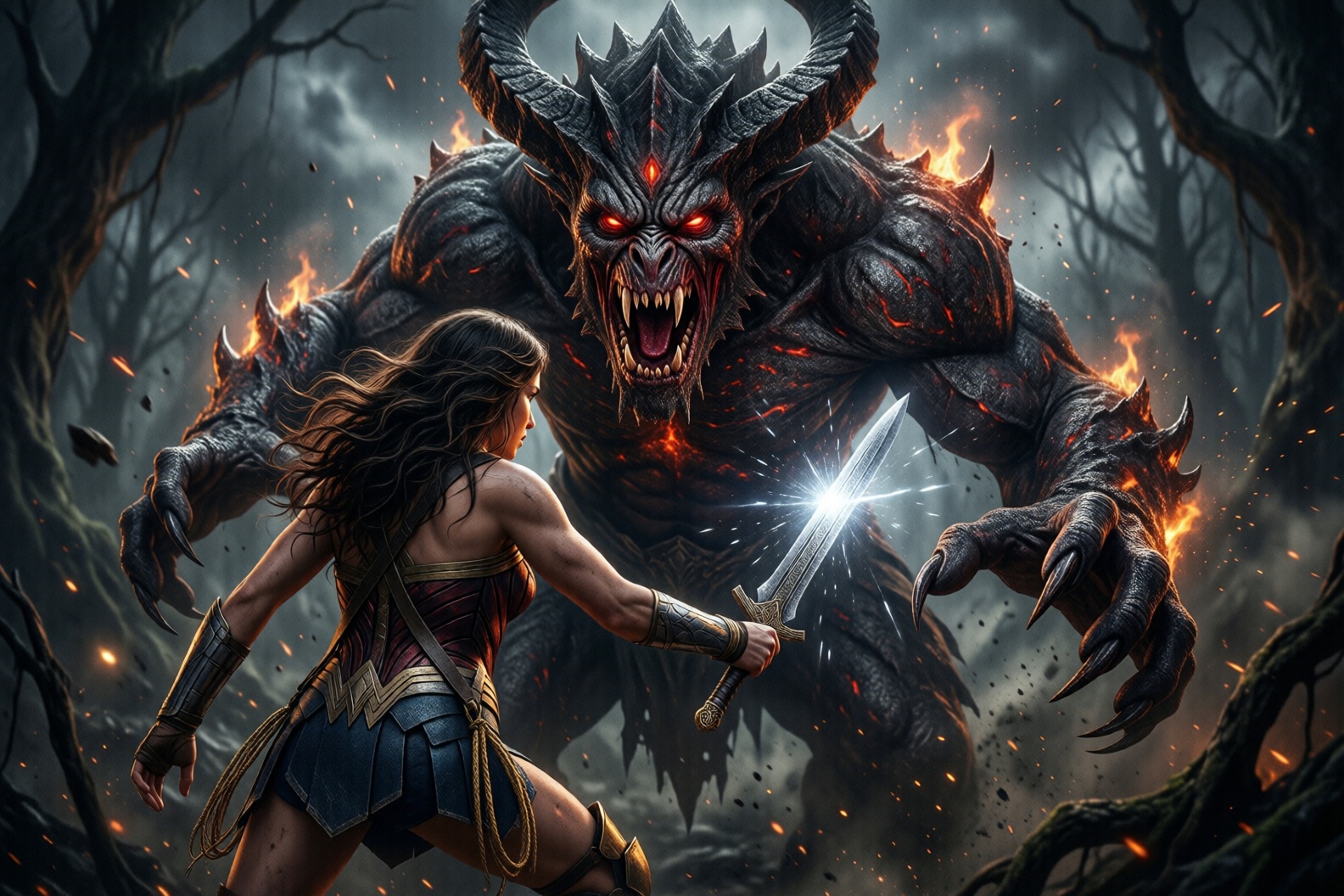 Freeze the moment as Wonder Woman stands defiantly with her back to the viewer,  facing the towering,  menacing demon on T...