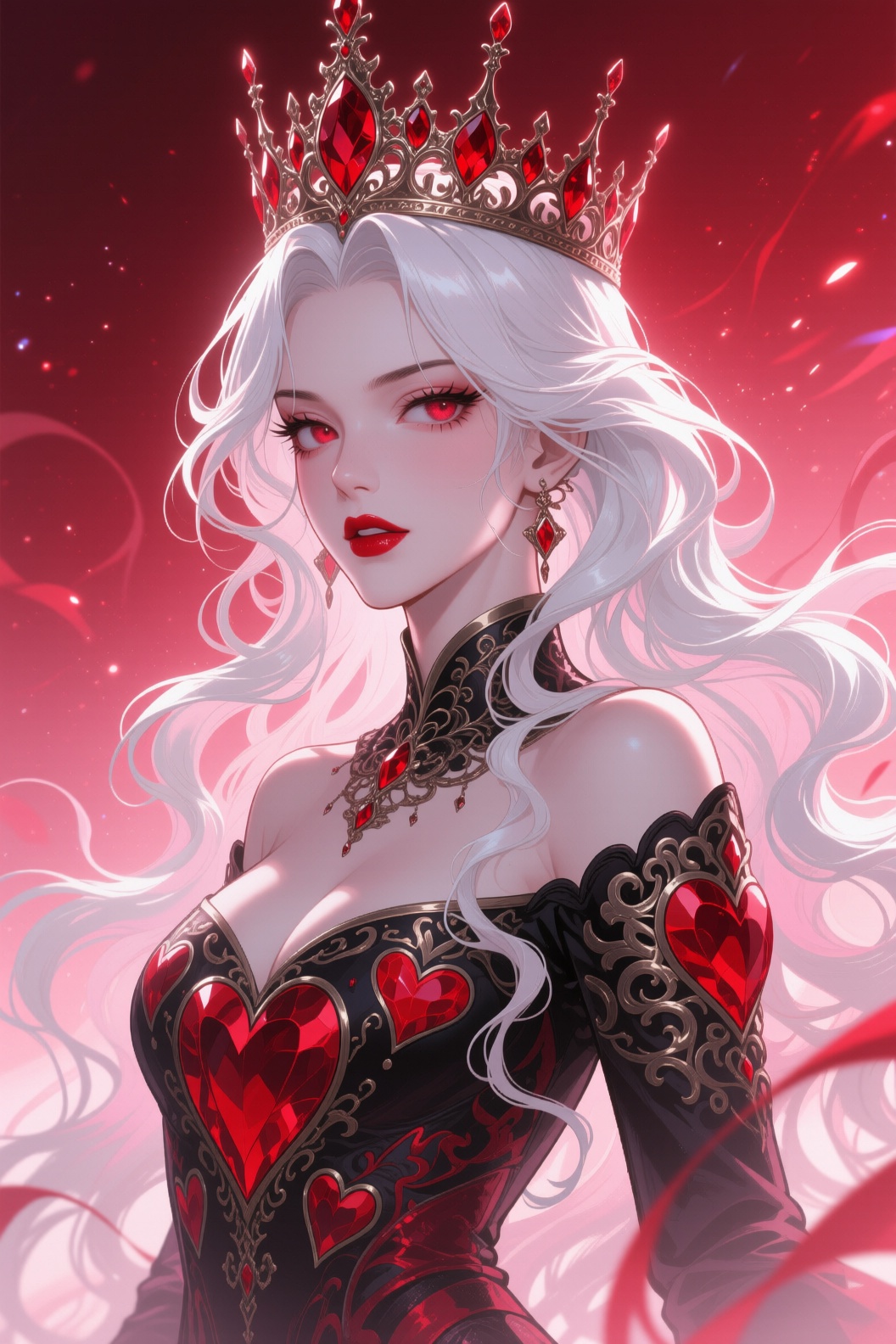 Dt@1lr,  A highly detailed image of a stunning woman with a red gemstone crown,  flowing white curls on Tensor.Art