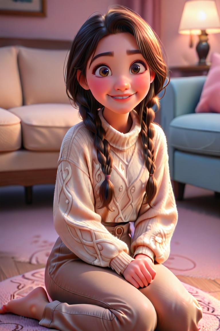 A young Japanese female in her early 20s wearing a cozy soft purple winter sweater with pretty lavender designs and a long...