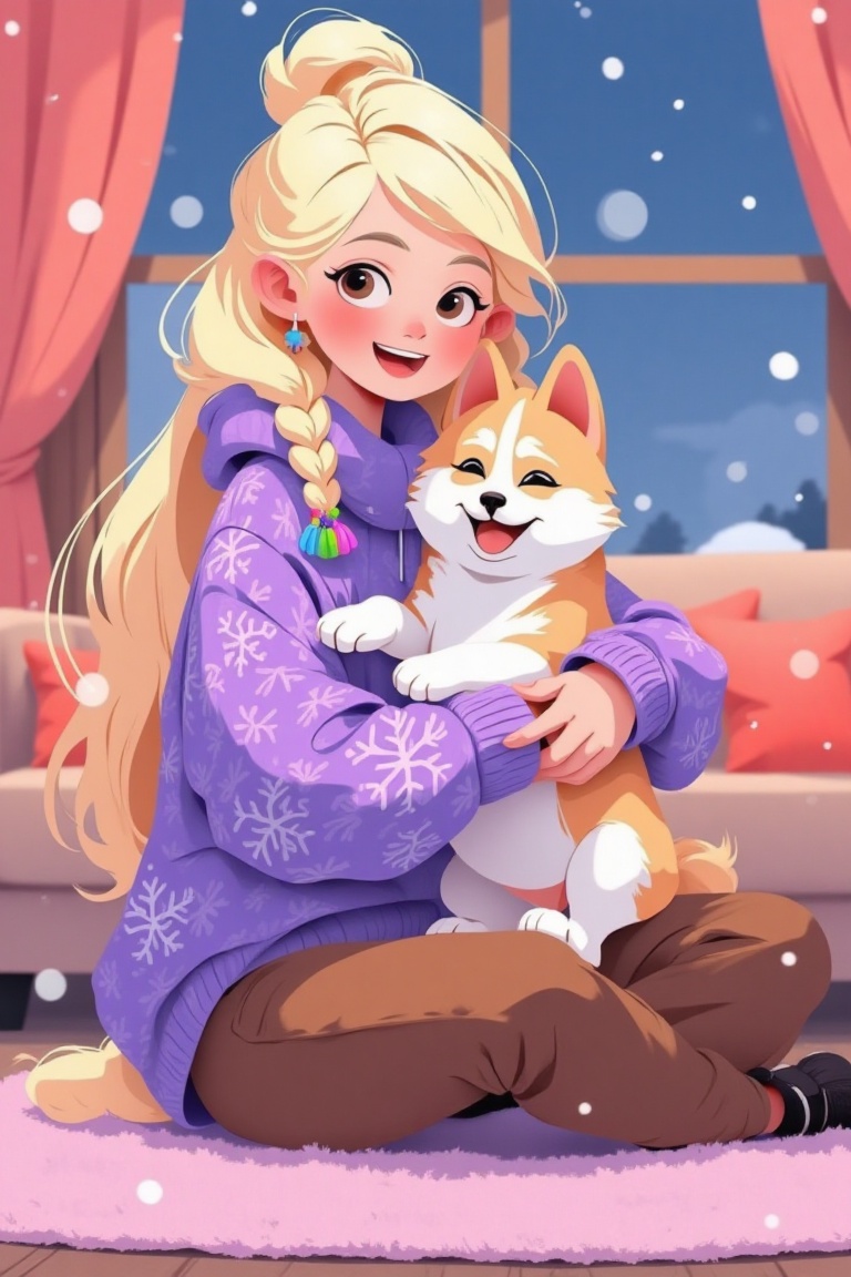 Flat Anime,  2D Anime. A young Japanese female in her early 20s wearing a cozy soft purple winter sweater with pretty lave...