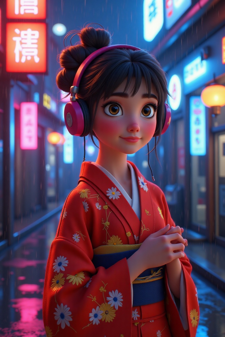 Disney Pixar-inspired 3D realistic image of a young girl in a striking red kimono,  wearing large headphones,  standing in...