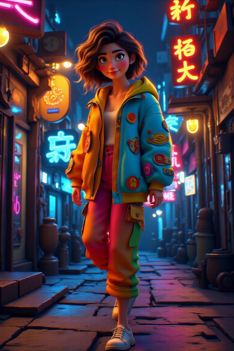Disney Pixar-inspired 3D realistic image of A 22 yo Asian woman,  positioned in the center of the image,  is depicted mid-...