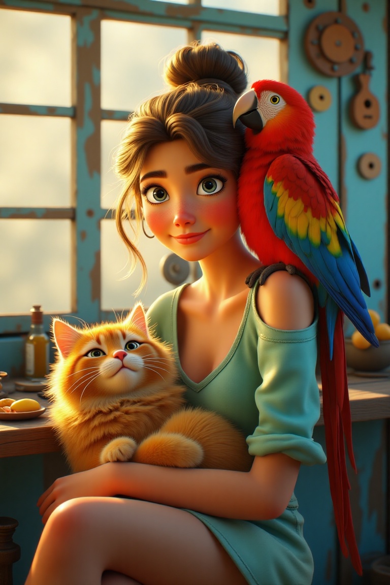 Disney Pixar-inspired 3D realistic image,  A young woman sitting in a sun-drenched breakfast nook,  a fluffy ginger cat cu...