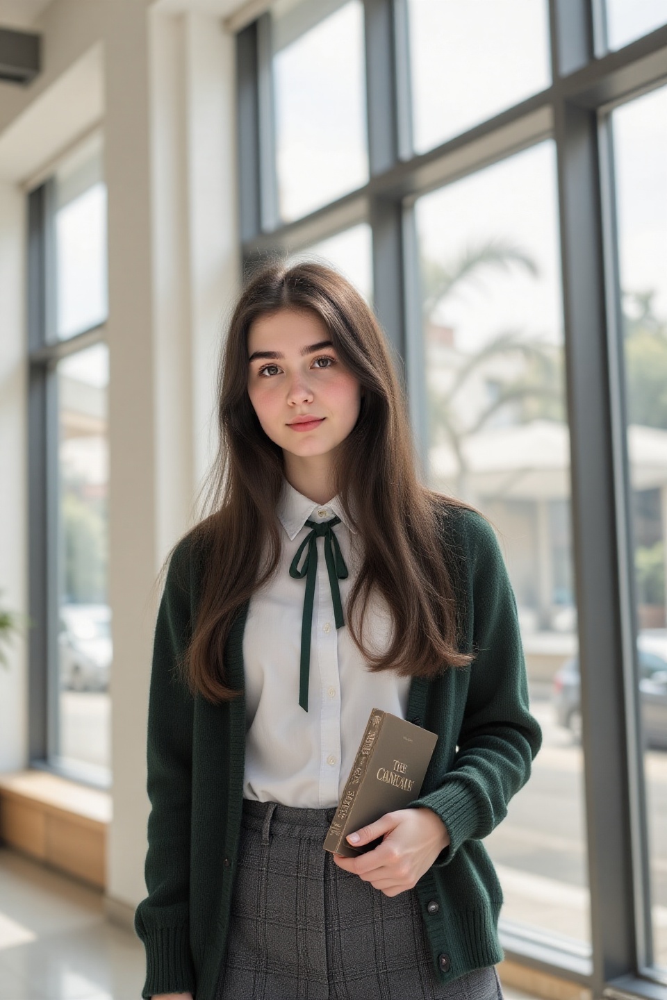 Photography of a young woman. Long dark brown hair,  brown eyes. white button-down shirt with a green ribbon necktie,  vib...
