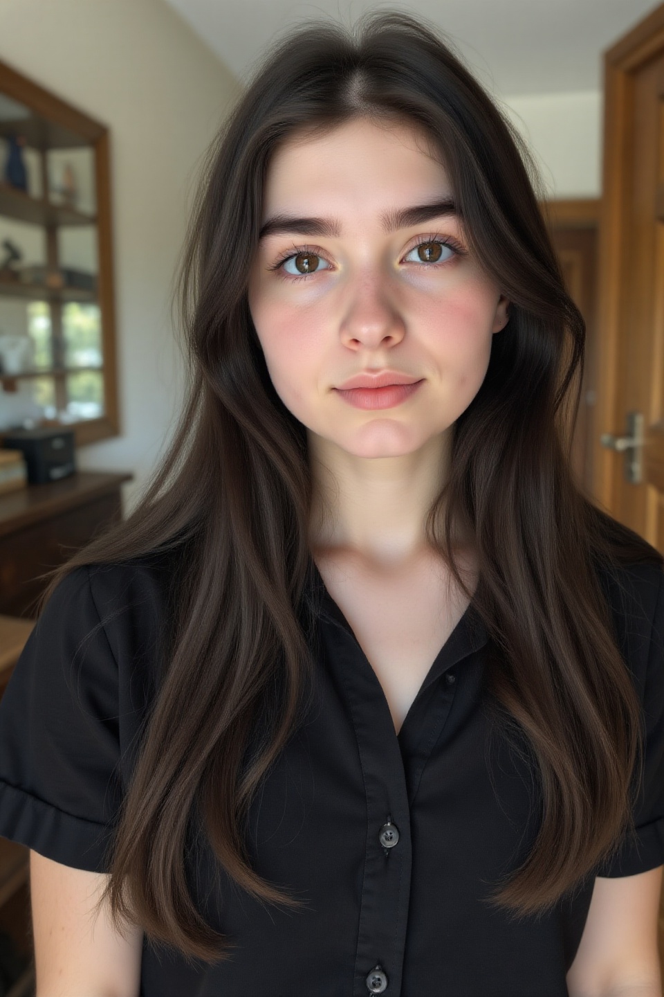 Photography of a young woman,  black shortsleeve button-down blouse. Long black-brown hair,  brown eyes. cinematic shot on...