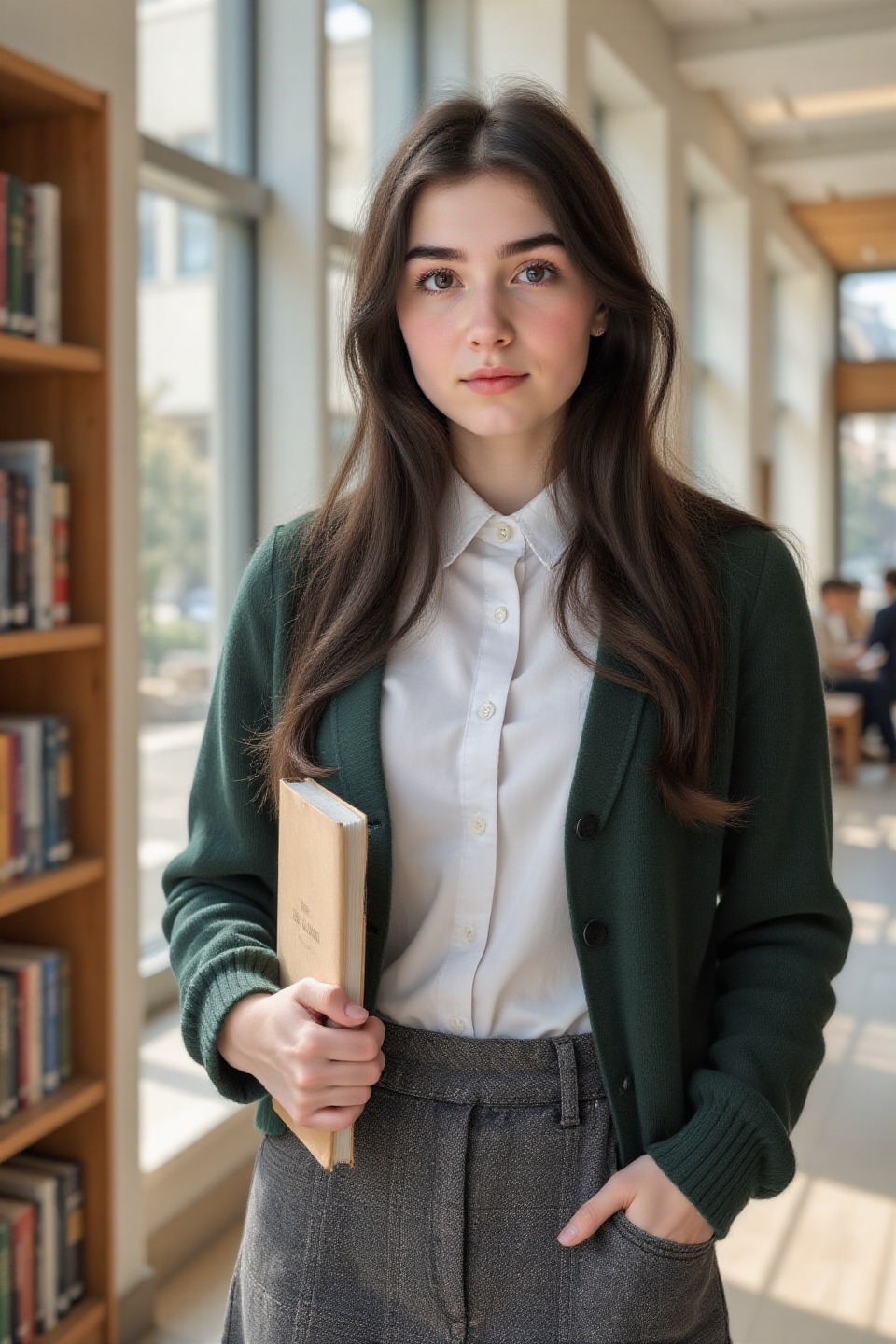 Photography of a young woman. Long dark brown hair,  brown eyes. white button-down shirt with a green ribbon necktie,  vib...