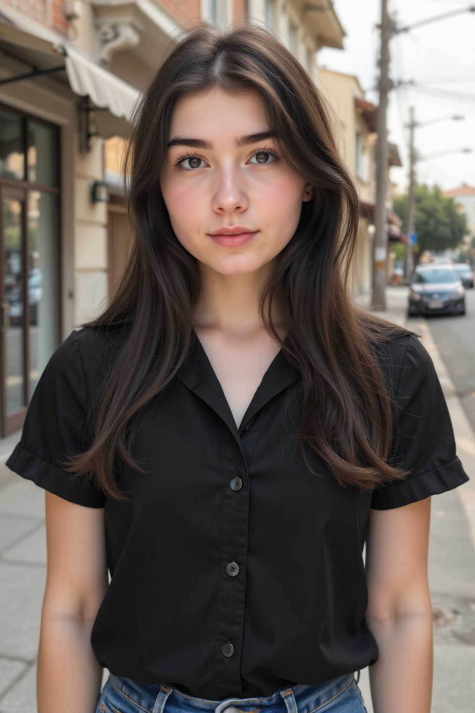 Photography of a young woman,  black shortsleeve button-down blouse. Long black-brown hair,  brown eyes. Street outdoors....