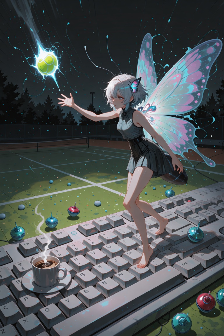 Natural and complex composition featuring an insect girl with delicate butterfly antennae and wings,  standing on a tennis...