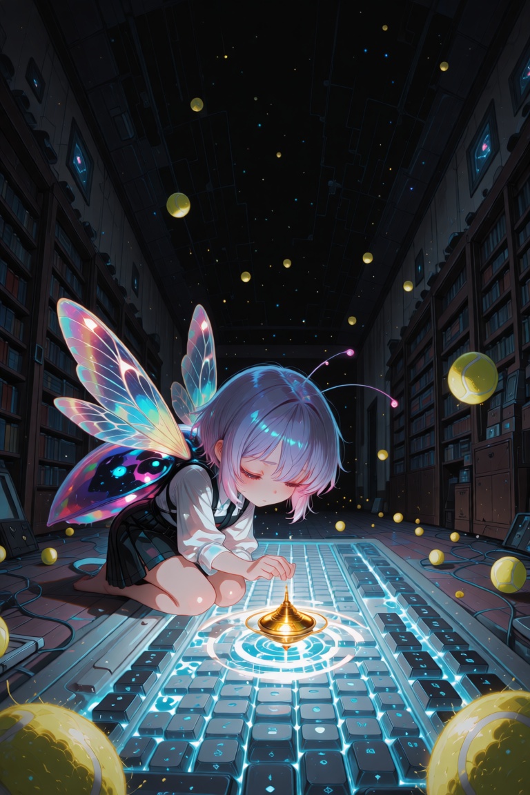 Detailed illustration of a kawaii insect girl with iridescent beetle wing casings,  kneeling on a massive glowing keyboard...