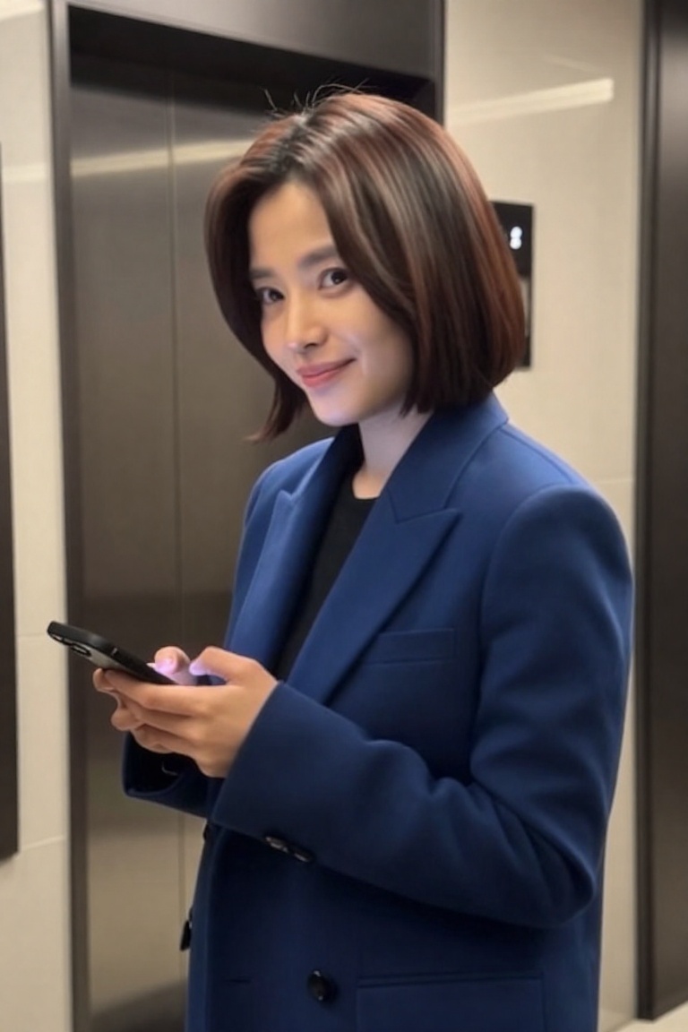 A candid indoor scene near an apartment lobby or elevator area. A beautiful young urban woman stands casually,  exquisite...