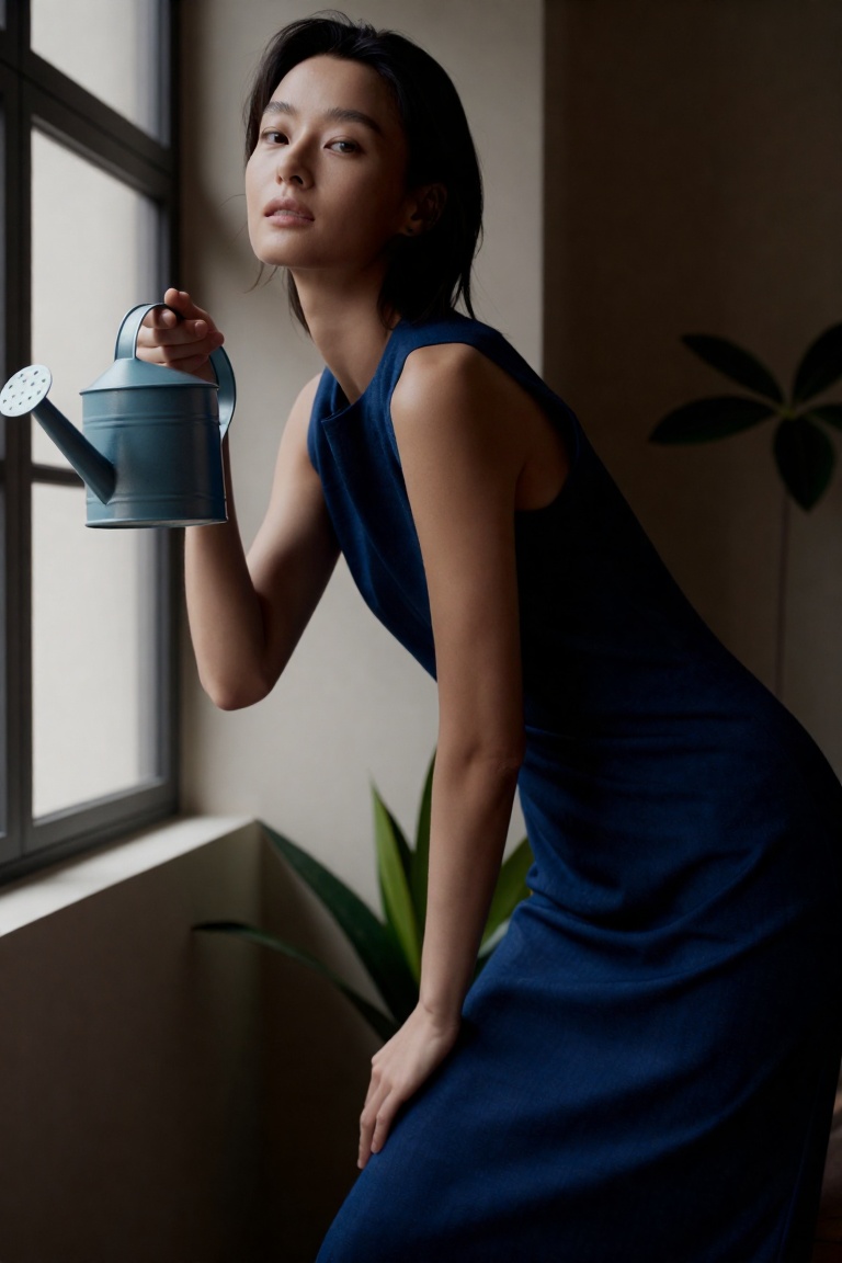 realistic editorial fashion photo of a stylish young woman indoors,  leaning forward slightly with a calm,  confident expr...