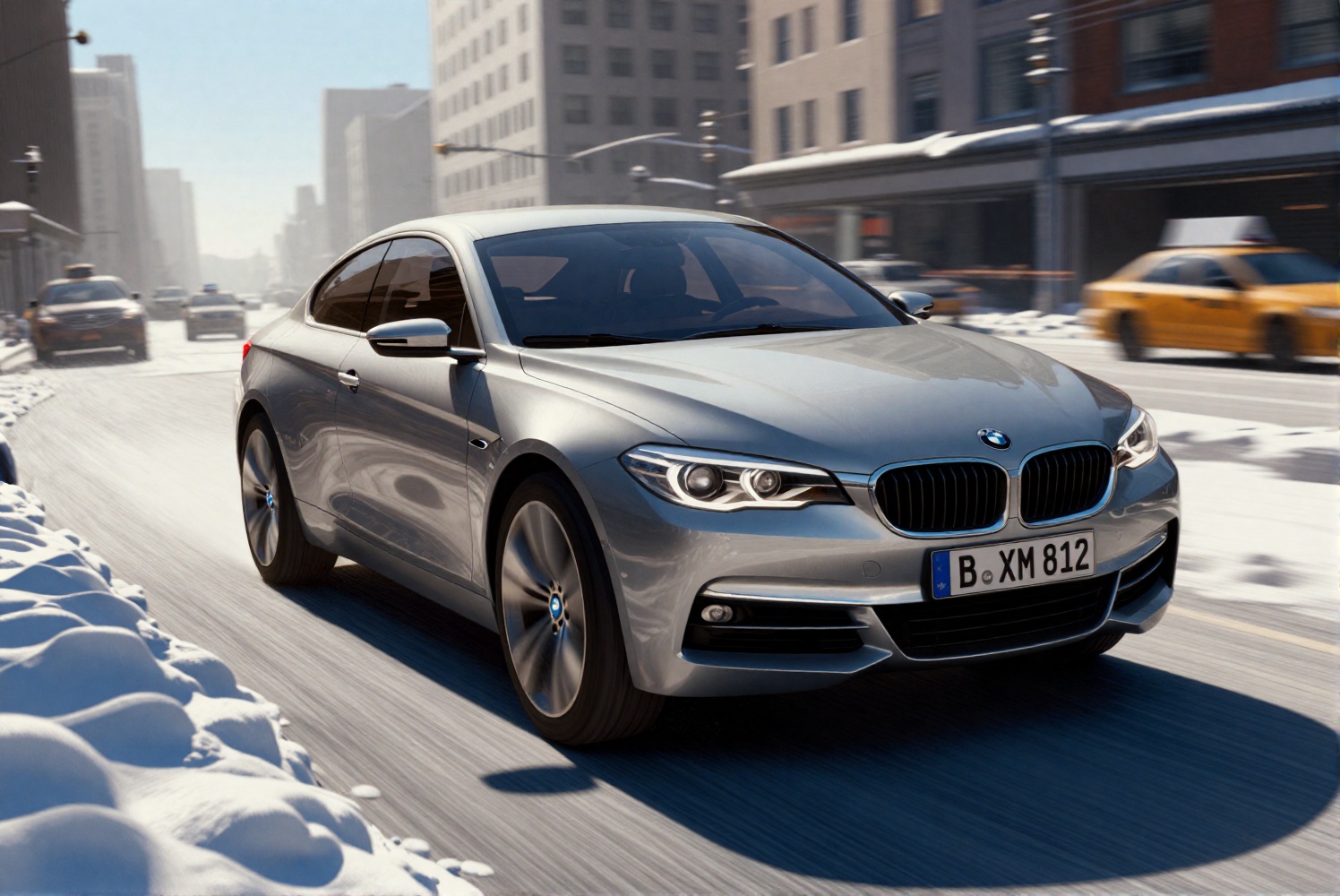 Ultra-realistic commercial-style photograph of a BMW GINA concept car (2008) driving through a snow-covered New York City...