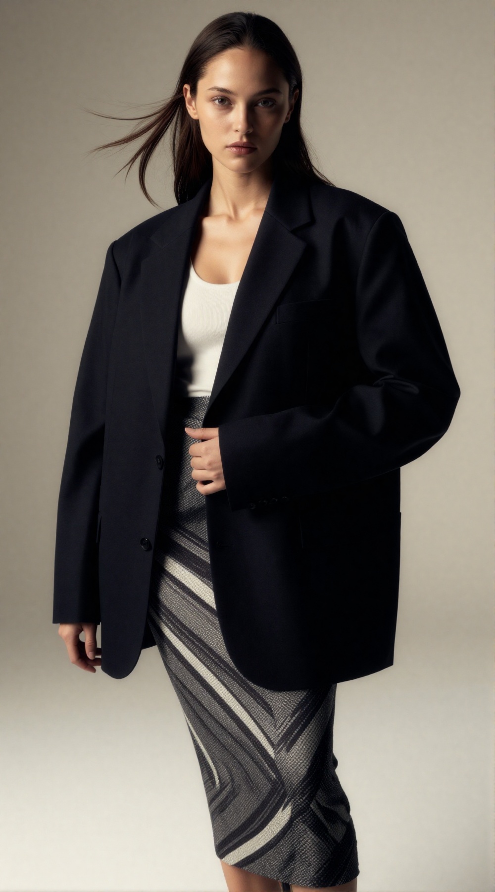 A contemporary fashion editorial portrait featuring a confident young woman in a relaxed yet striking pose. She stands aga...