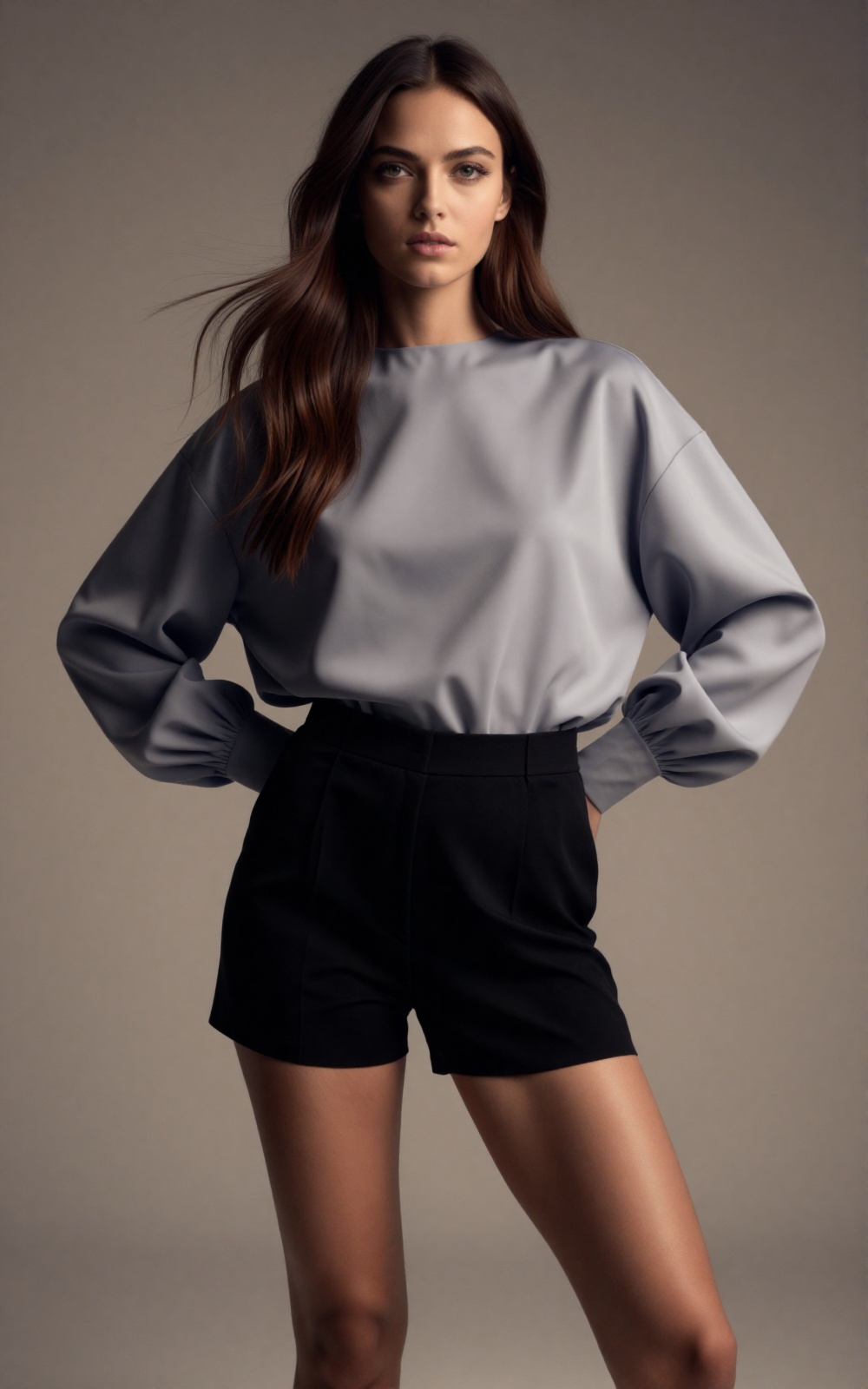 A contemporary high-fashion editorial portrait of a confident young woman in a minimal studio setting. She stands with han...