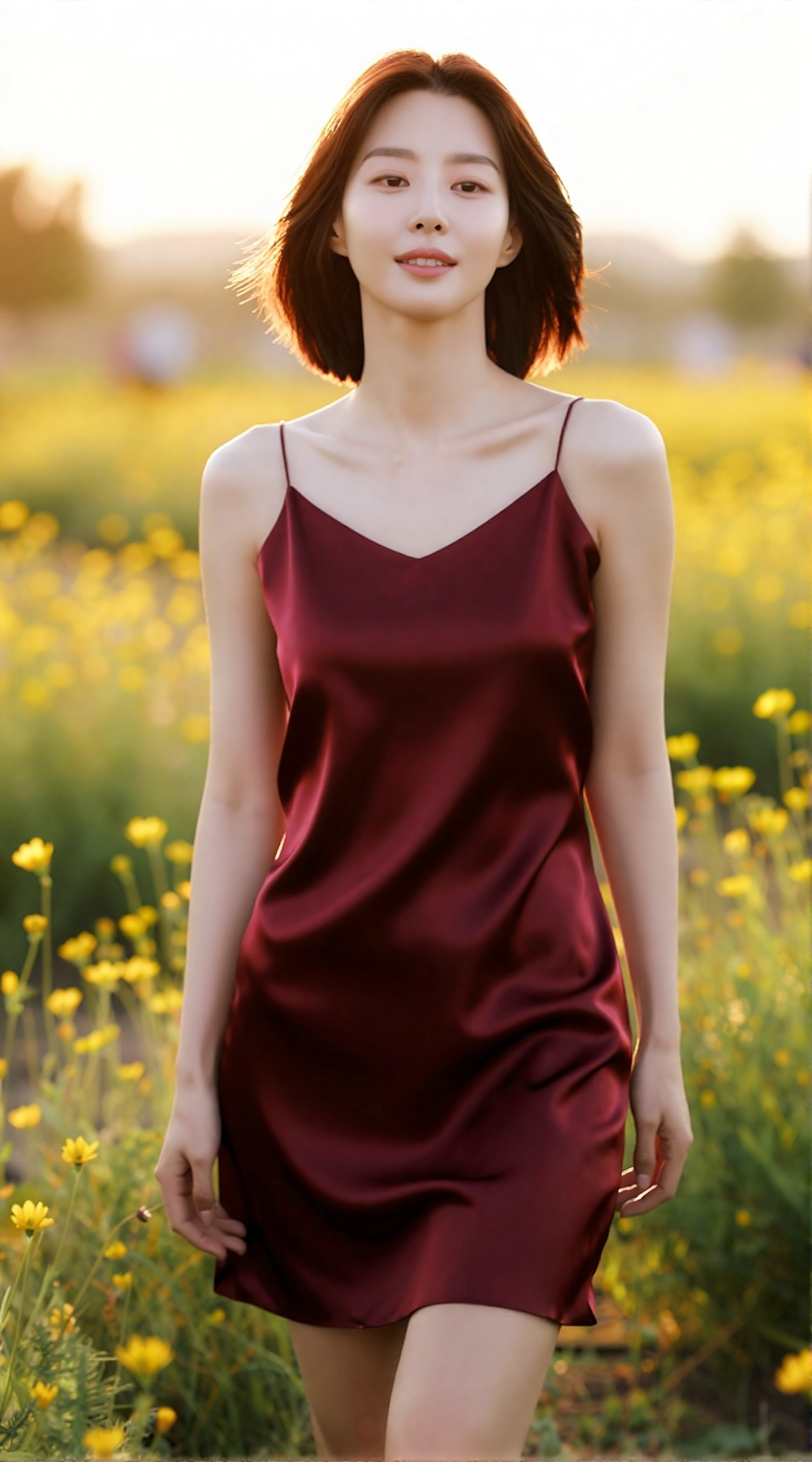 a 20yo Korean woman standing in a wildflower meadow at golden hour,  soft sunset backlight filtering through tall grass an...
