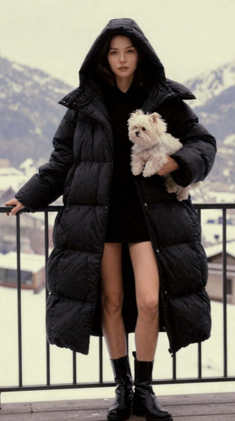 vintage high-end winter fashion editorial,  full-body portrait on a balcony overlooking snowy mountains,  elegant woman we...